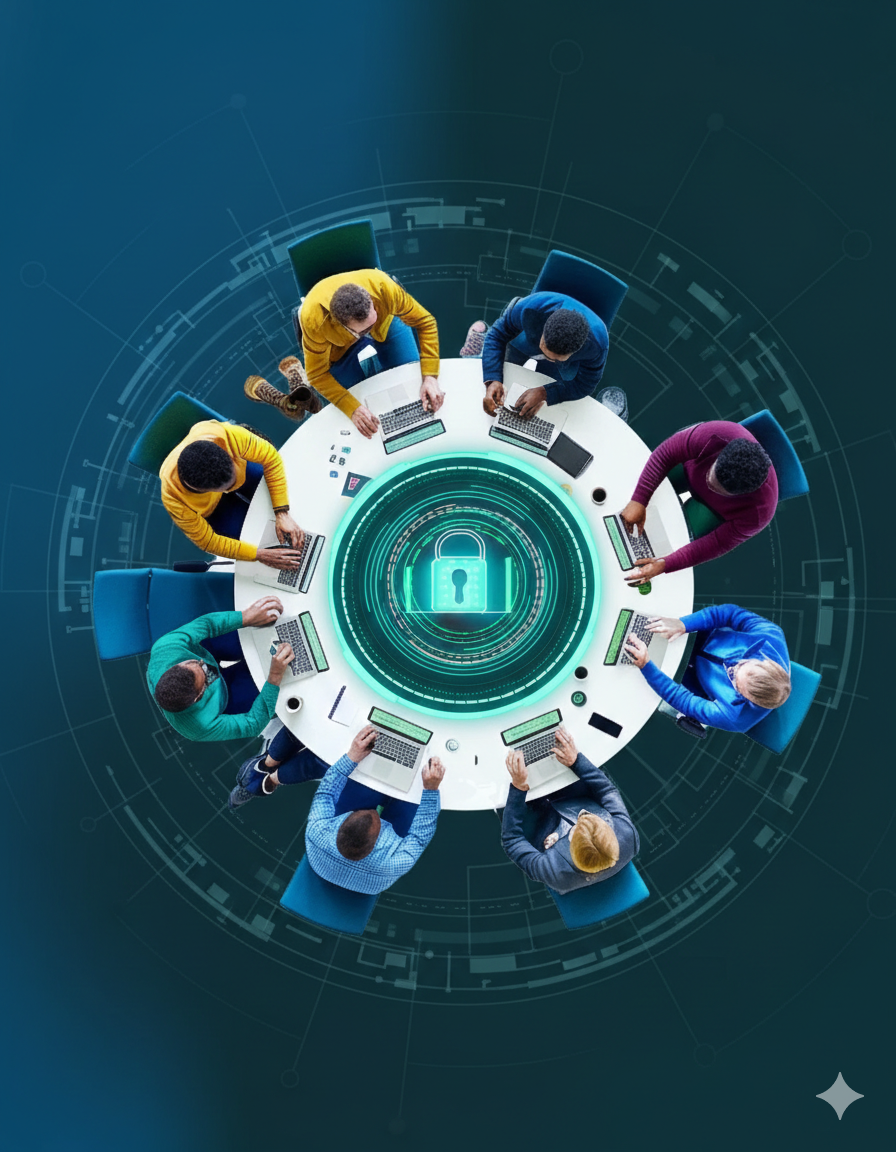 Overhead view of eight diverse personas around an organization and it's partners network sharing and collaborating on unstructured data end to end secured with governance, compliance and data protection