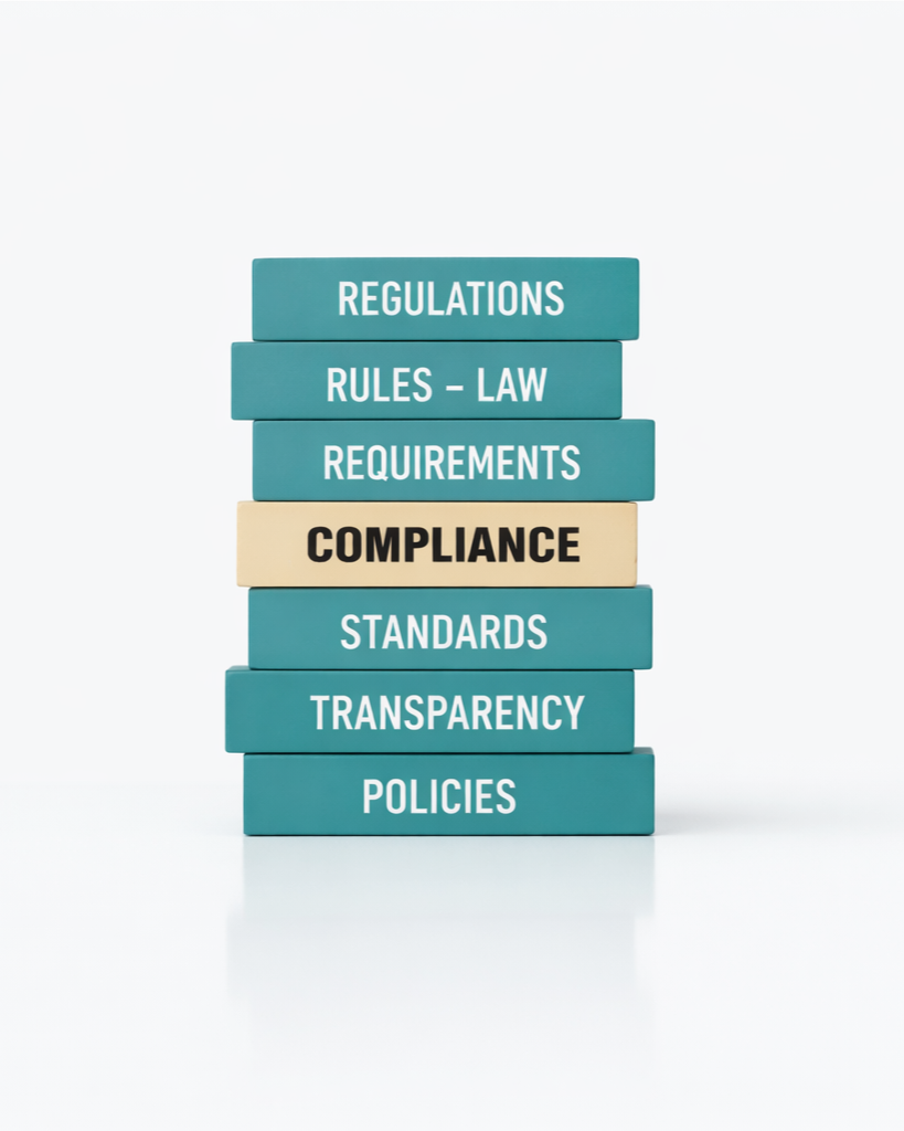 Stack of seven rectangular blocks labeled 'Regulations,' 'Rules - Law,' 'Requirements,' 'Compliance,' 'Standards,' 'Transparency,' and 'Policies' with the 'Compliance' block highlighted in black.