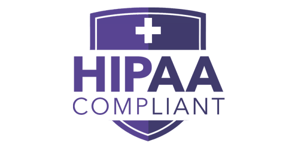 HIPAA compliant logo featuring a shield and medical cross in purple.