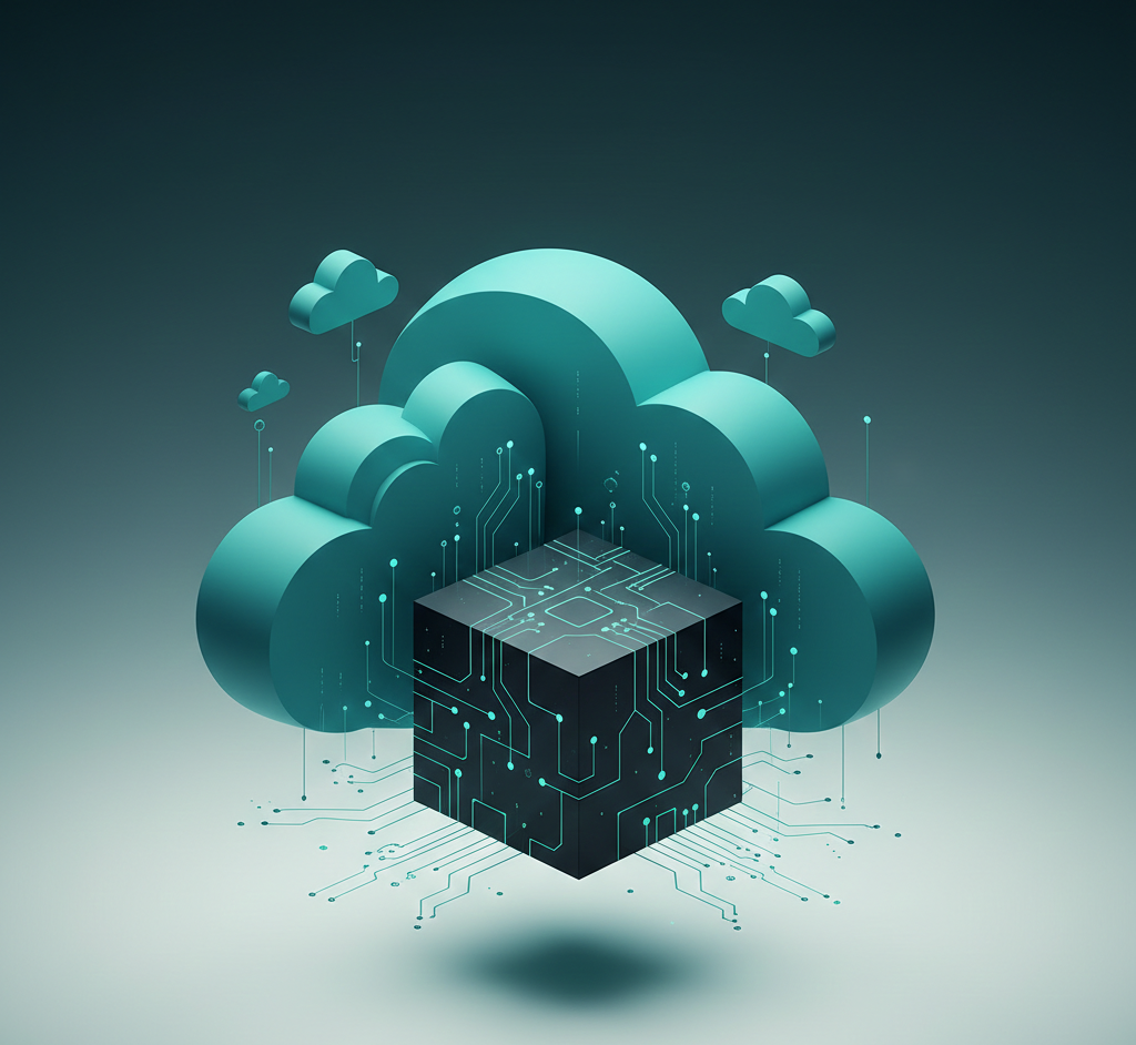 A digital illustration of cloud computing with a large cloud icon surrounding a circuit board cube, representing cloud storage and technology.