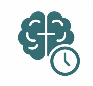 Illustration of a brain with a clock in front of it, symbolizing mental time management or cognitive awareness.