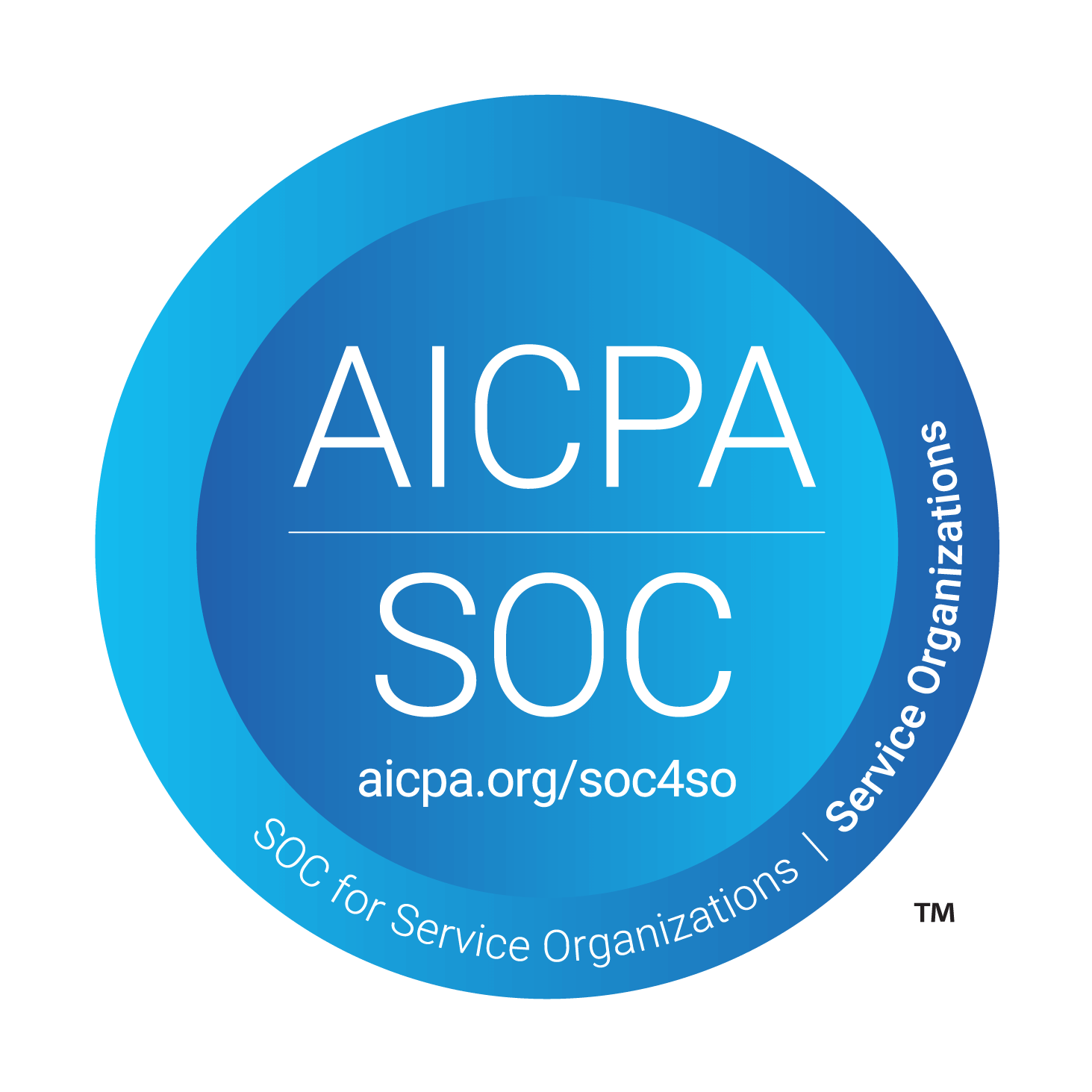 Blue circular badge with the text "AICPA SOC" in large white letters and the website address "aicpa.org/soc4so" below. Outer ring reads "SOC for Service Organizations" along the bottom edge.