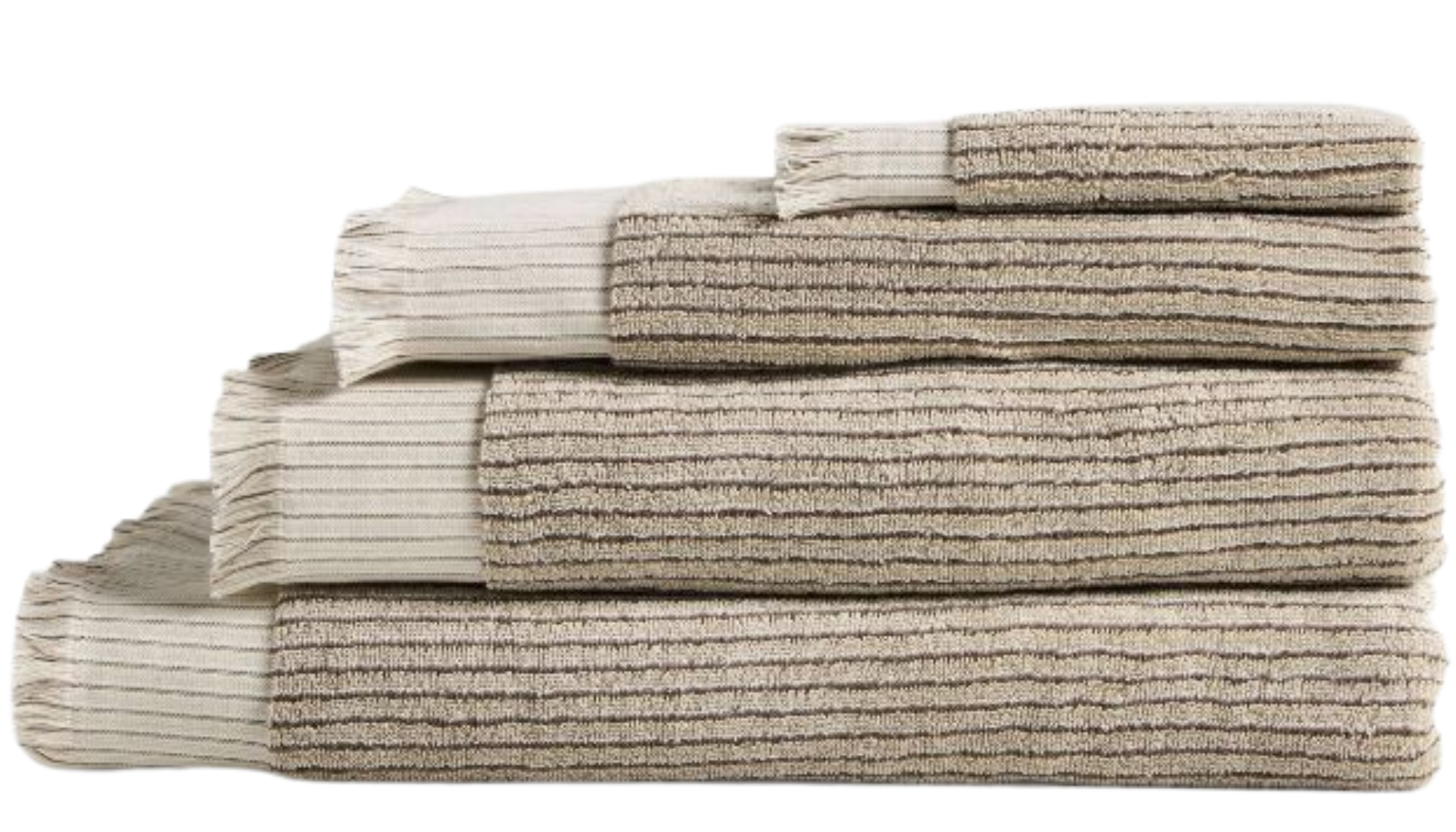 Taj Mahal Linea porcelain mosaic tiles in a vertical linear arrangement, featuring warm ivory tones and gentle quartzite-inspired veining beside folded towels.