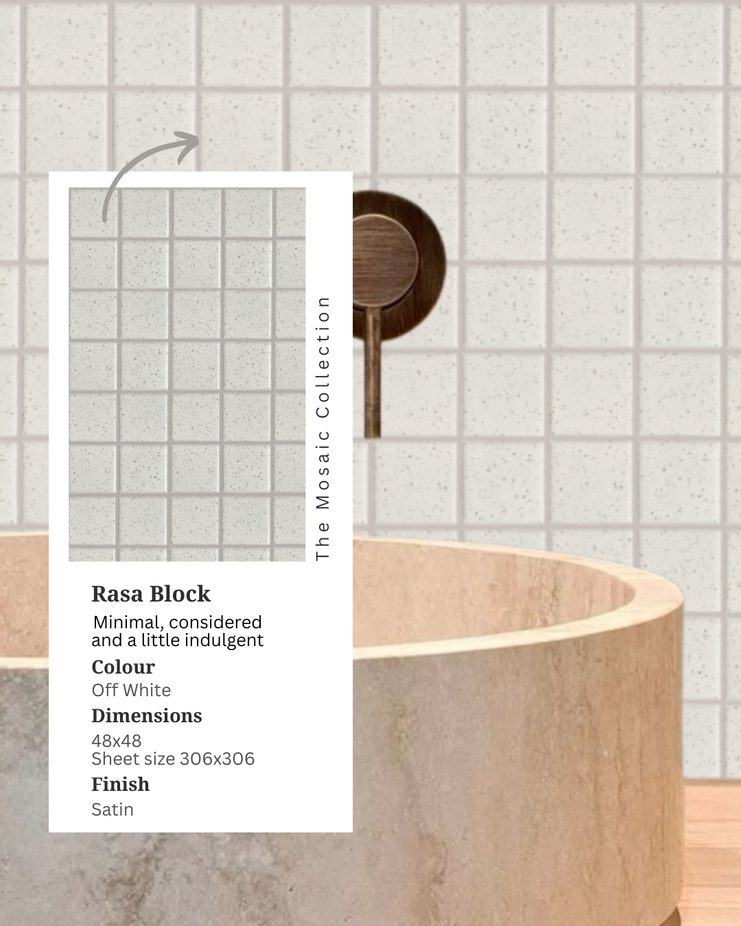 Bathroom featuring Rasa Block off-white square porcelain mosaic wall tiles, a warm beige stone-look basin and brass tapware, with an inset product information card.