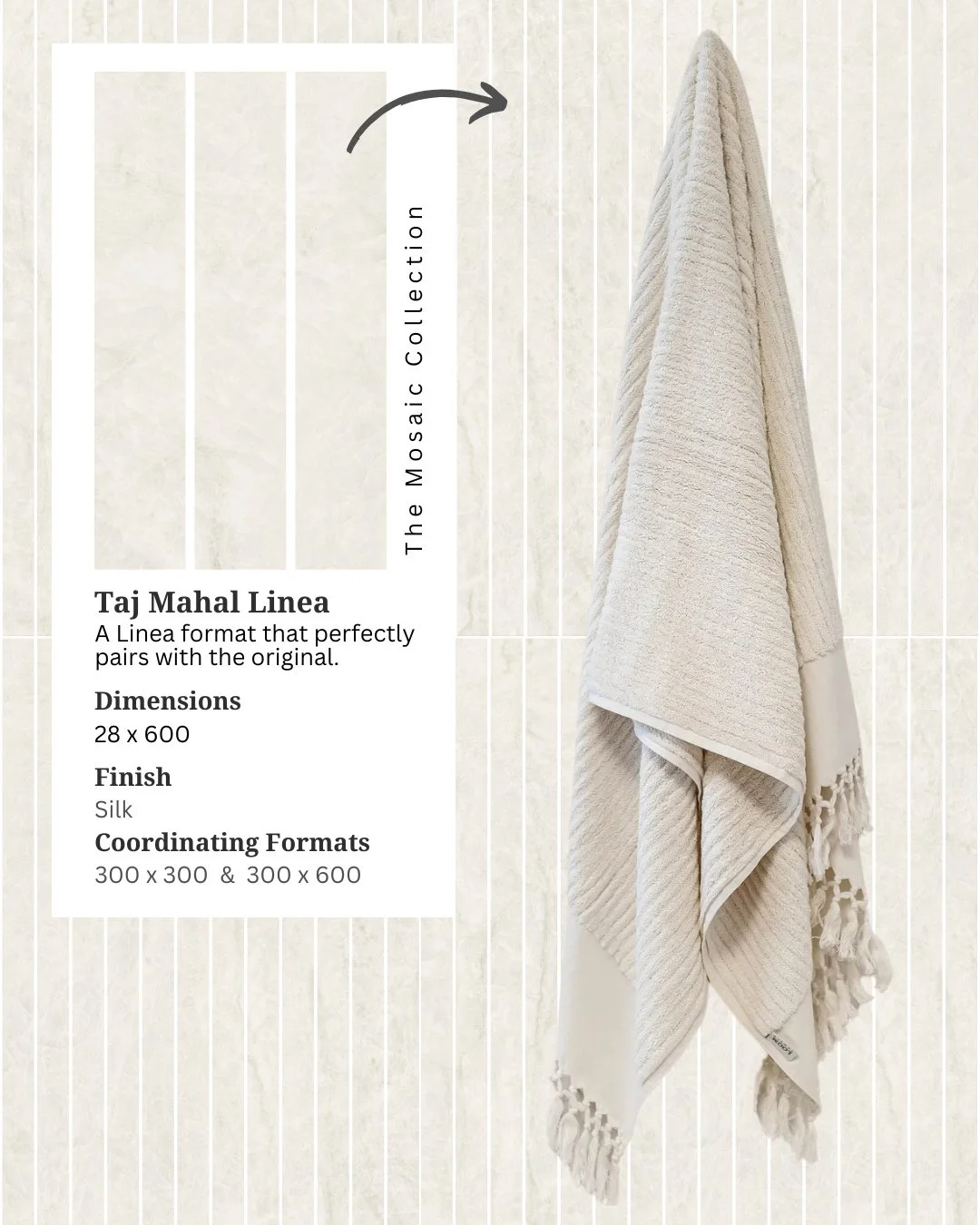 Taj Mahal Linea (28mm x 600mm) offers a simple feature solution using the same tone, texture and movement as the larger Taj Mahal formats.⁠
⁠
Perfect for niches, vanities and feature walls, Linea allows the range to be sold as a complete, coordinated