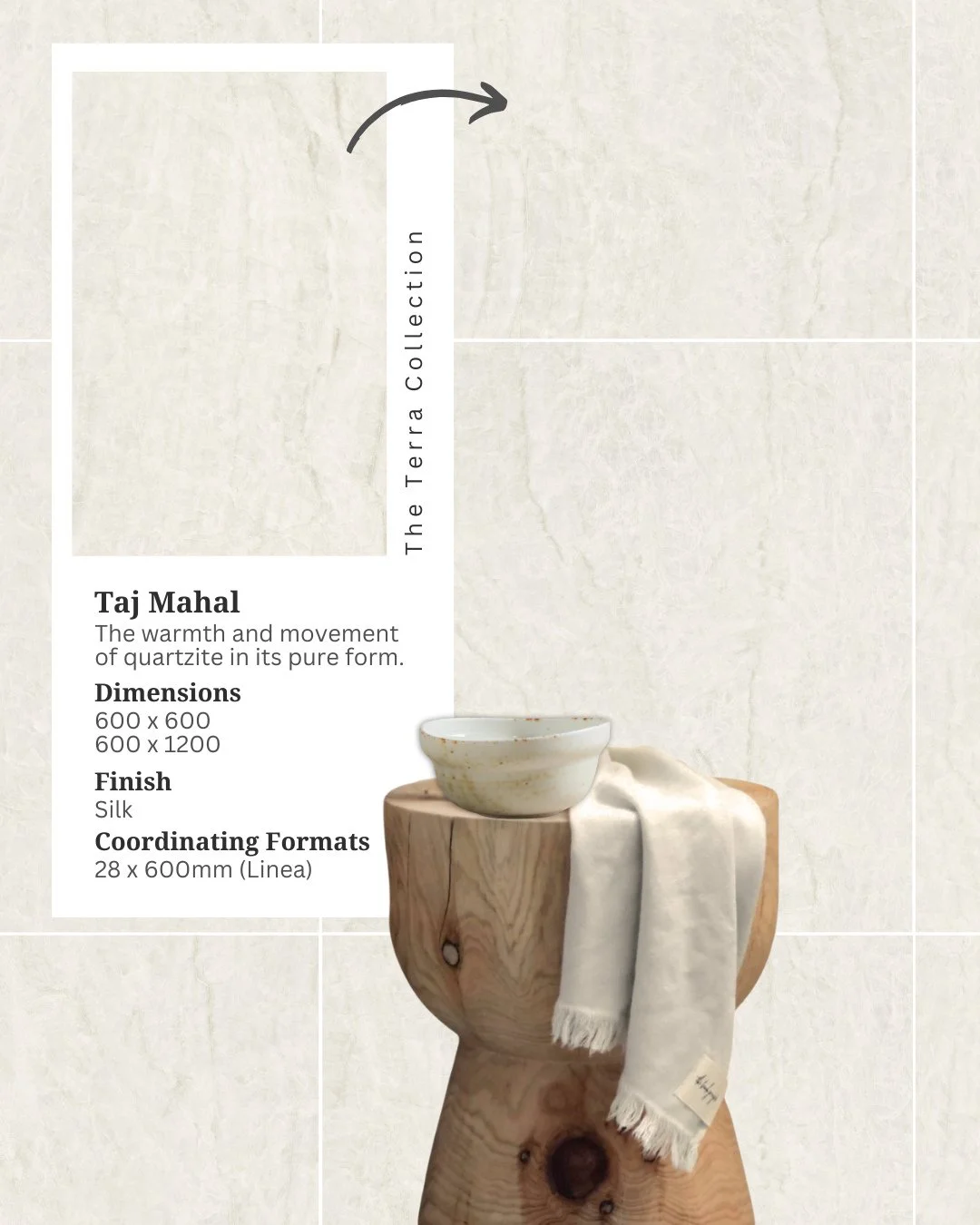 Taj Mahal in large format.⁠
Designed for expansive floors and walls, this refined porcelain interpretation of quartzite captures soft movement, warm undertones and a beautifully layered stone look.⁠
⁠
Available in 600 x 1200mm and 600 x 600mm, Taj Ma