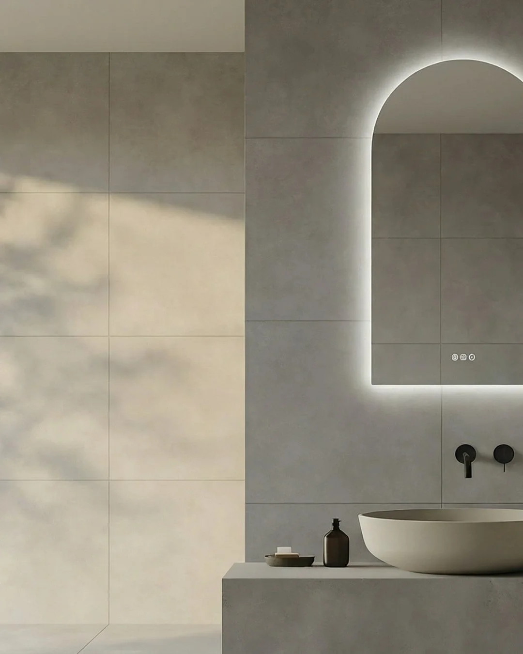 Cemento Mist from our Capsule Collection is a balanced concrete look porcelain tile with subtle mineral movement that reads calm, refined and versatile in contemporary spaces. Perfect for modern bathrooms, open plan living and architectural interiors