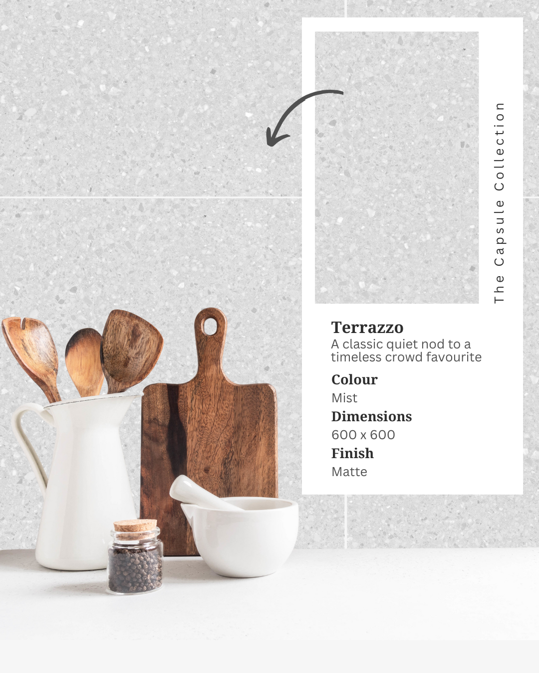 Kitchen splashback featuring Terrazzo Mist grey speckled porcelain tiles, wooden utensils, a chopping board and white ceramics beside an inset product information card.