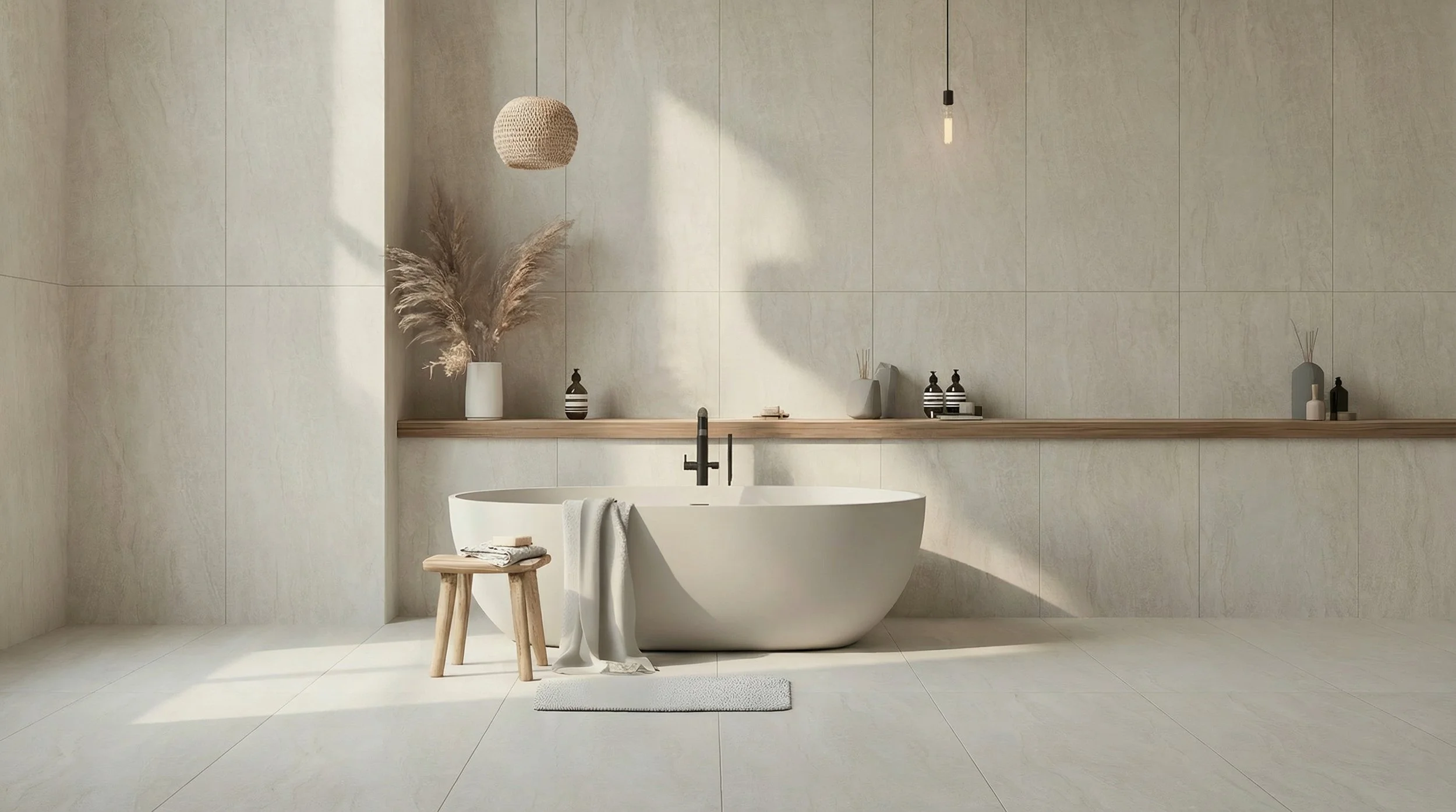 Contemporary bathroom featuring Taj Mahal quartzite-look porcelain tiles across the walls and floor, with a freestanding white bath and warm natural light.