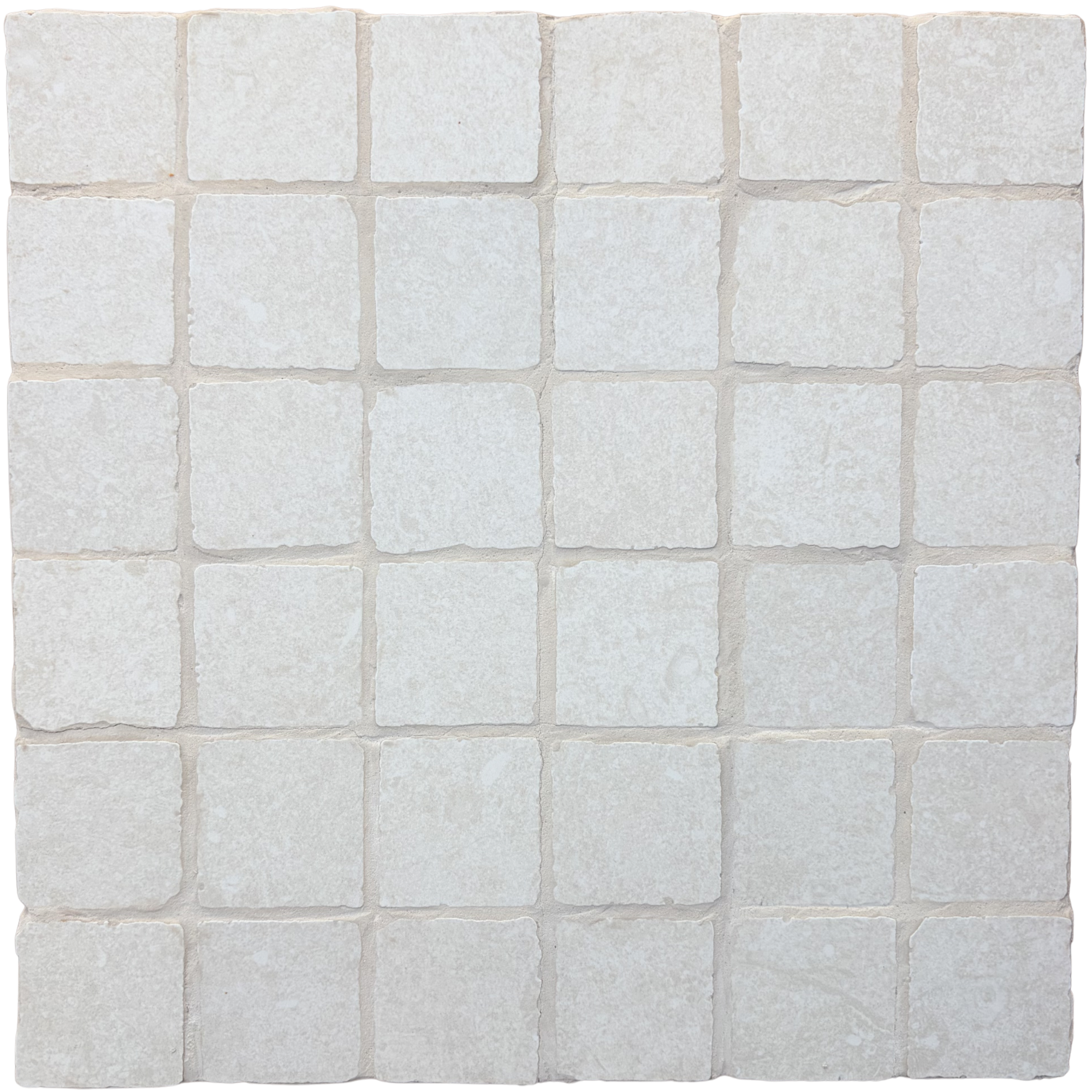 Limestone Tumbled Bianco porcelain mosaic tiles in a pale off-white shade, featuring small square pieces, softly tumbled edges and subtle stone-inspired texture.