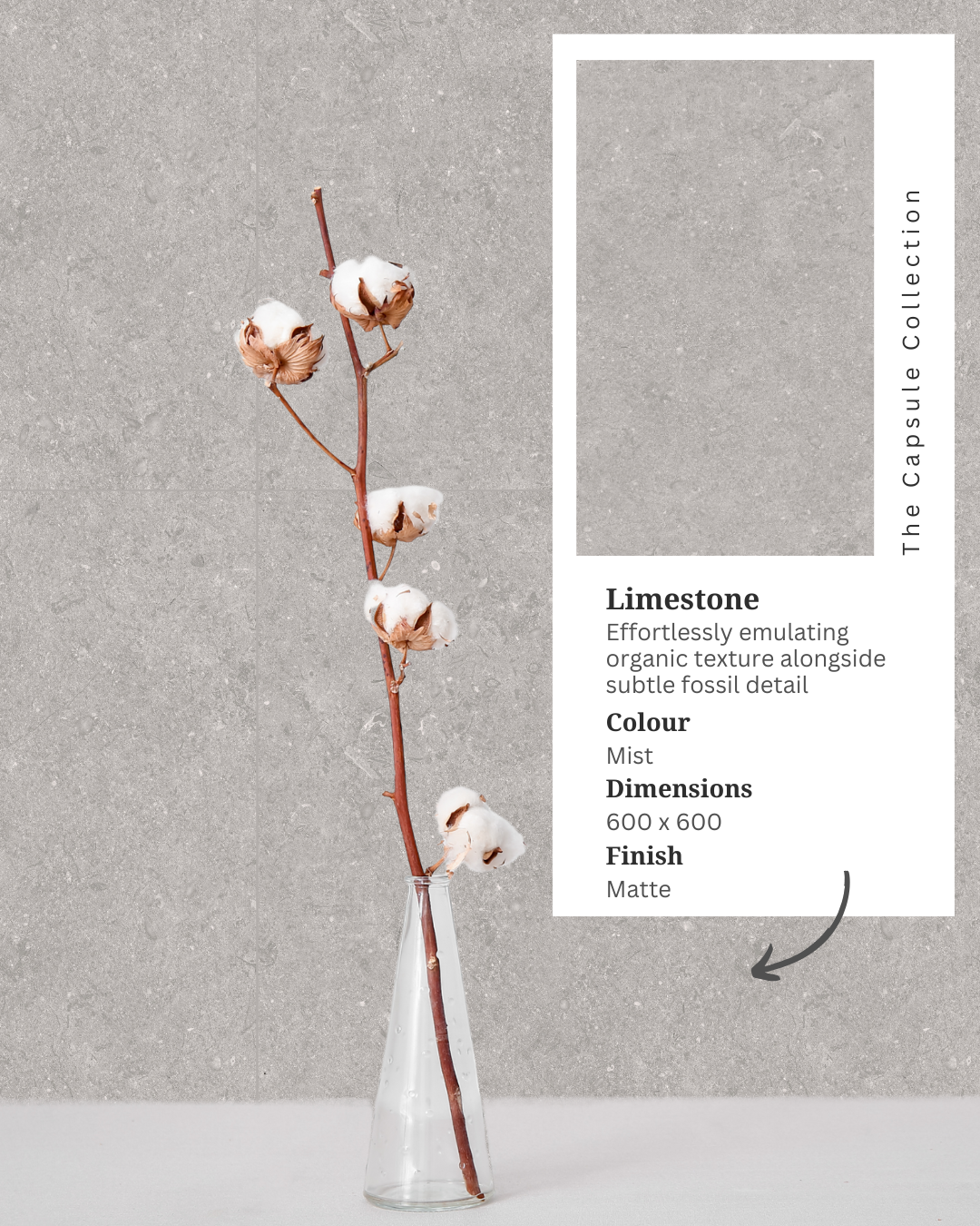 Limestone Mist grey porcelain tile styled with a cotton branch in a glass vase and an inset product card showing its stone-look texture and specifications.