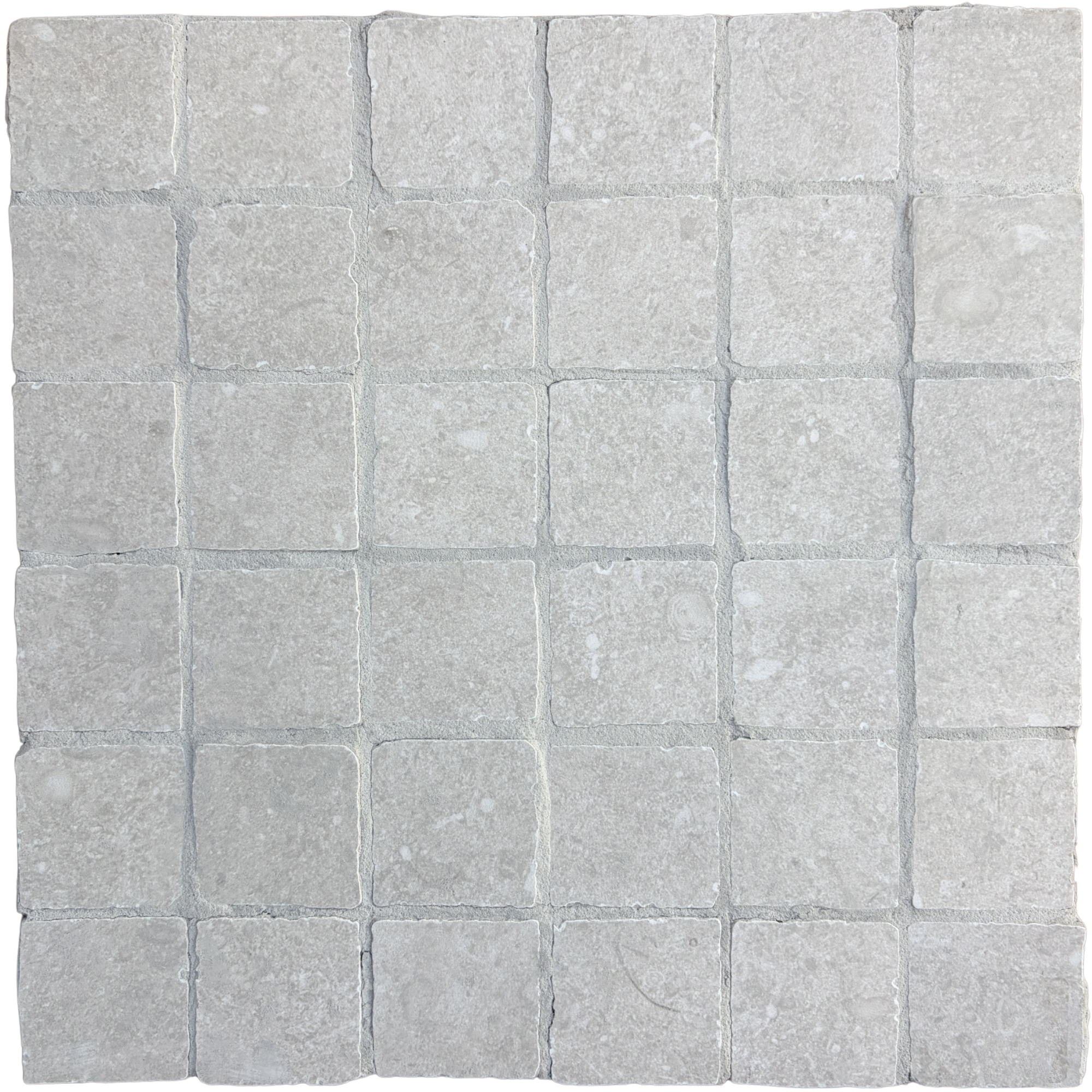 Limestone Tumbled Mist porcelain mosaic sheet showing 45 x 45 mm square tiles in soft grey tones with irregular tumbled edges and subtle limestone-inspired texture.