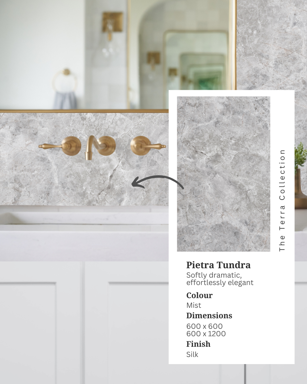 Bathroom vanity featuring Pietra Tundra Mist grey marble-look porcelain tiles, brushed brass wall-mounted taps, a white basin and an inset product information card.