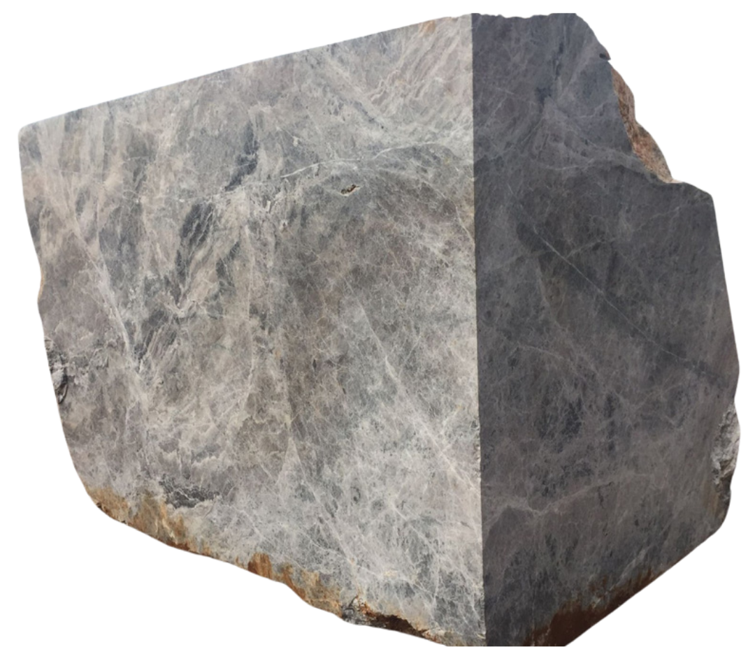 Grey stone block with soft white veining and a rough-cut exterior, representing the marble aesthetic.  Copy alt text