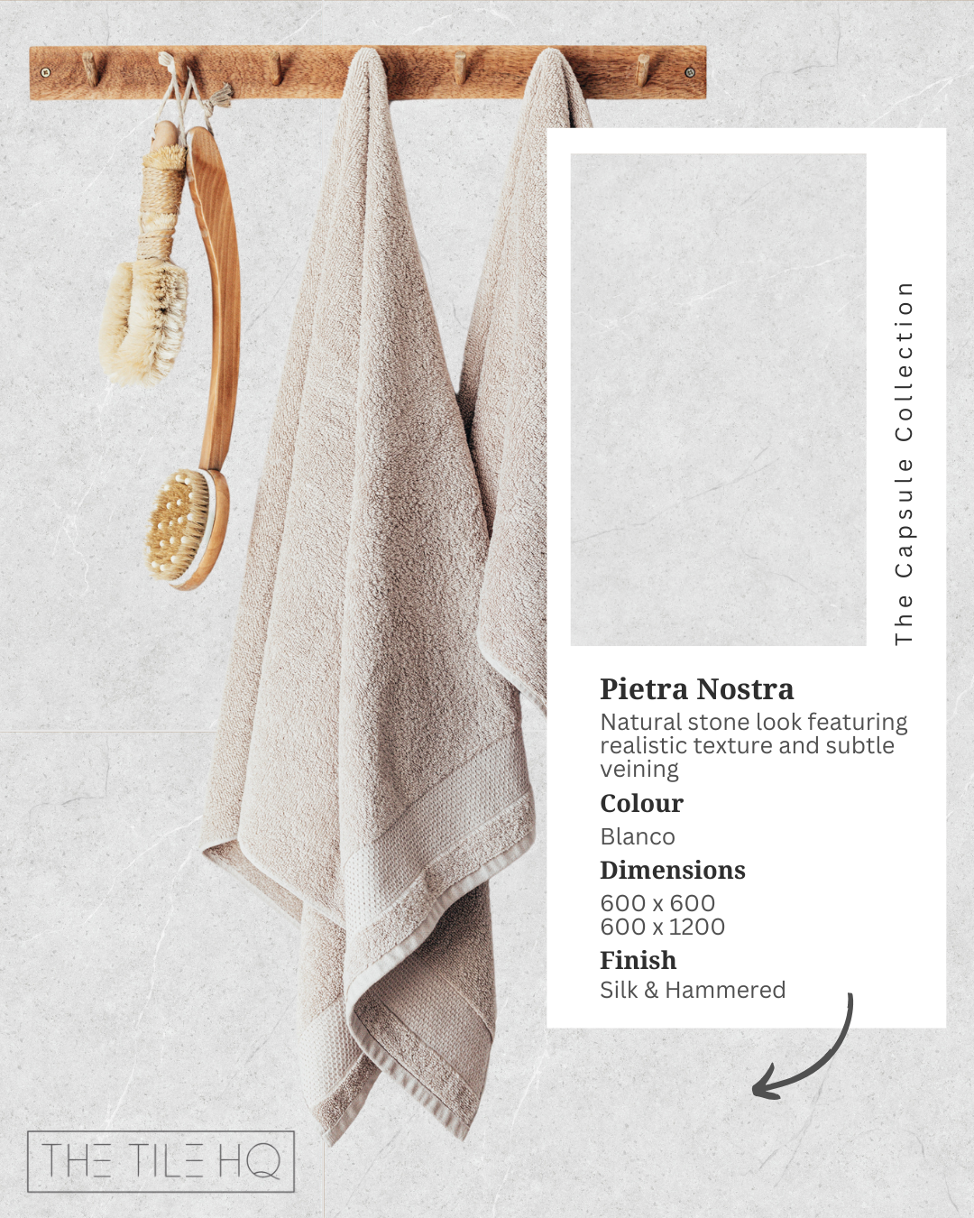 Bathroom display featuring Pietra Nostra Bianco stone-look porcelain wall tiles, beige towels and wooden bath brushes on a timber rack, alongside an inset product information card.