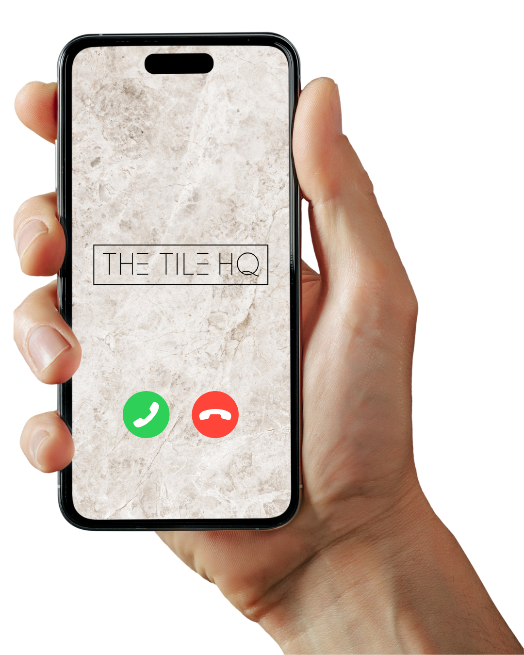 Hand holding a smartphone displaying The Tile HQ logo and incoming call symbols against a pale stone-look background.