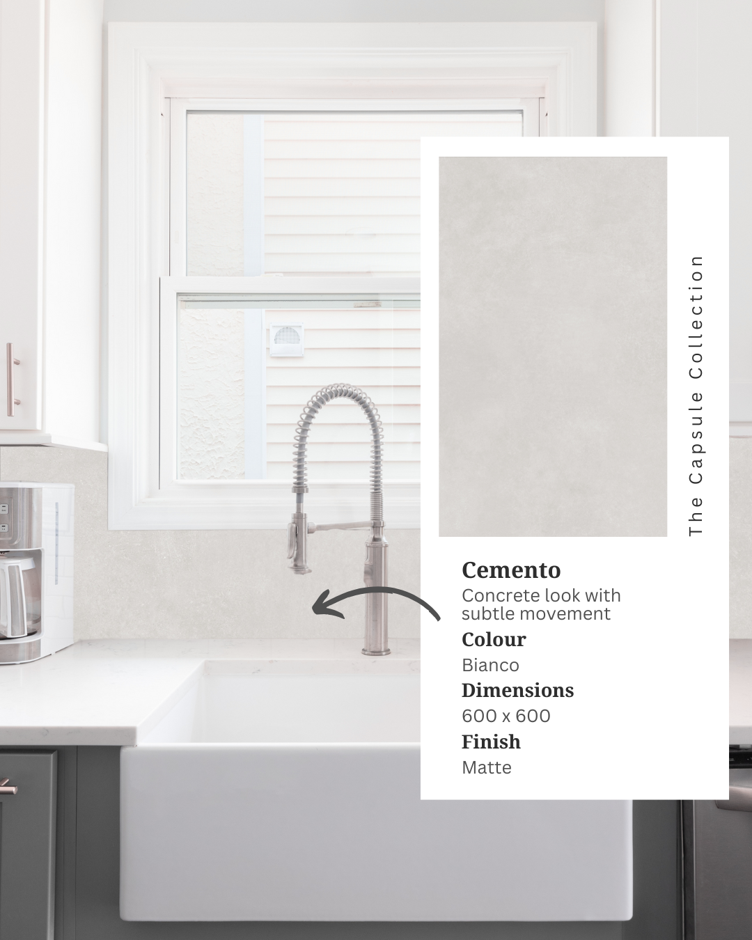 Bright kitchen featuring Cemento Bianco off-white concrete-look porcelain splashback tiles, a farmhouse sink, stainless steel tap and inset product information card.