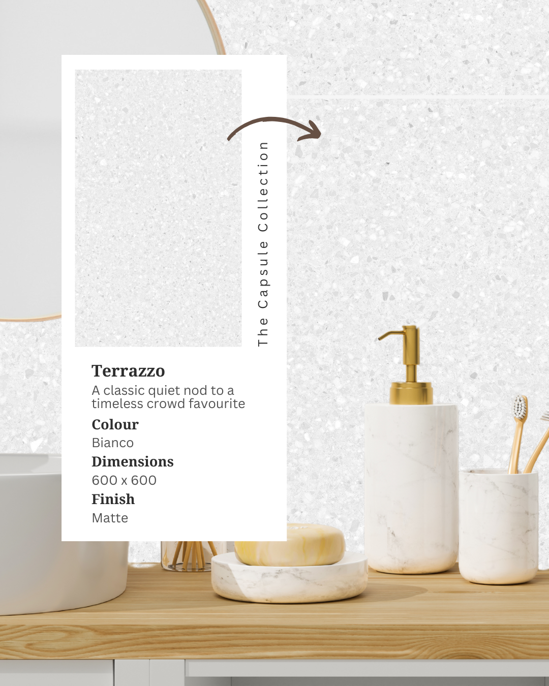 Bathroom vanity featuring Terrazzo Bianco white speckled porcelain wall tiles, a timber benchtop, white ceramic accessories and an inset product information card.
