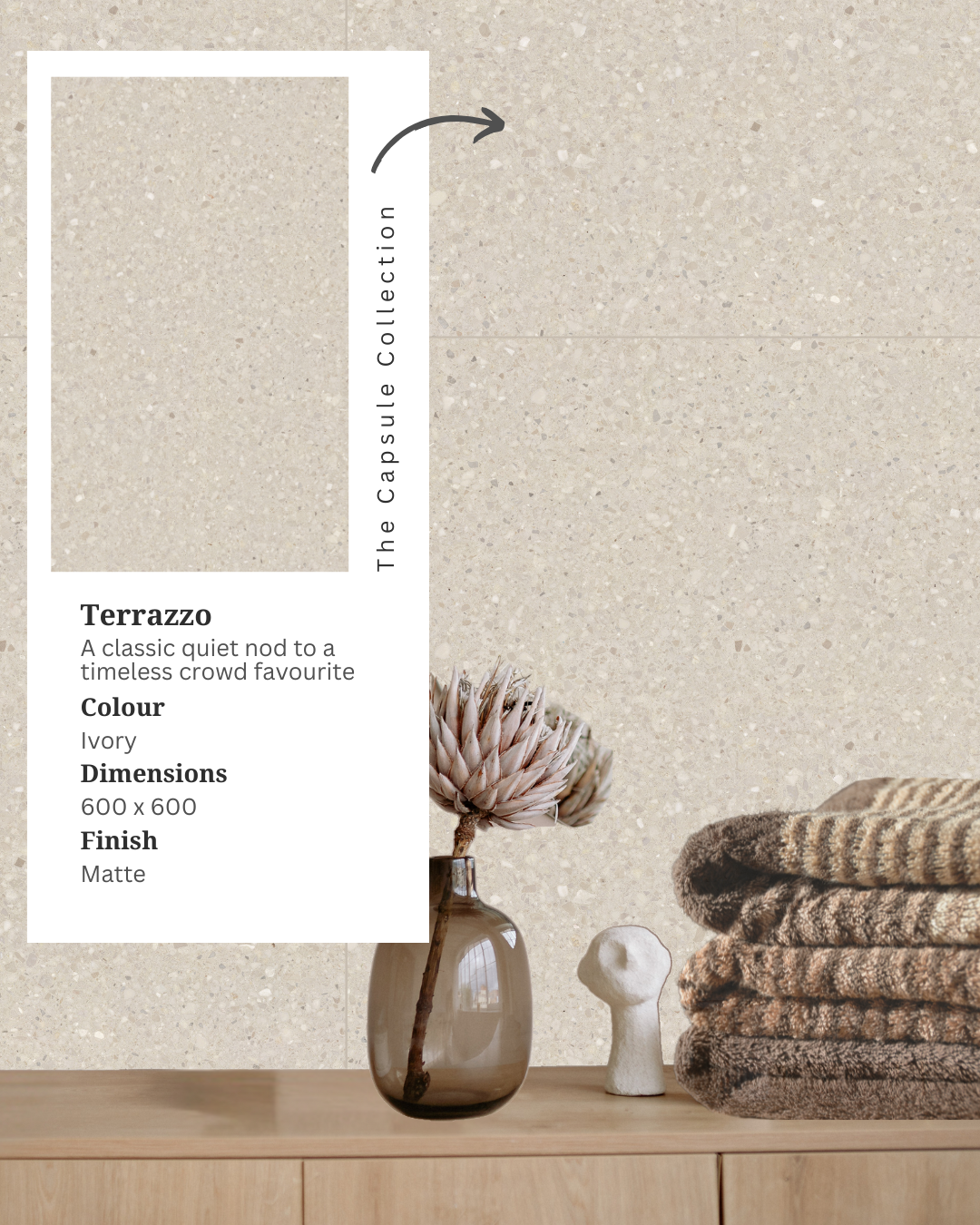 Terrazzo Ivory beige speckled porcelain wall tiles styled with a timber cabinet, amber glass vase, dried flower and folded textured towels beside a product information card.
