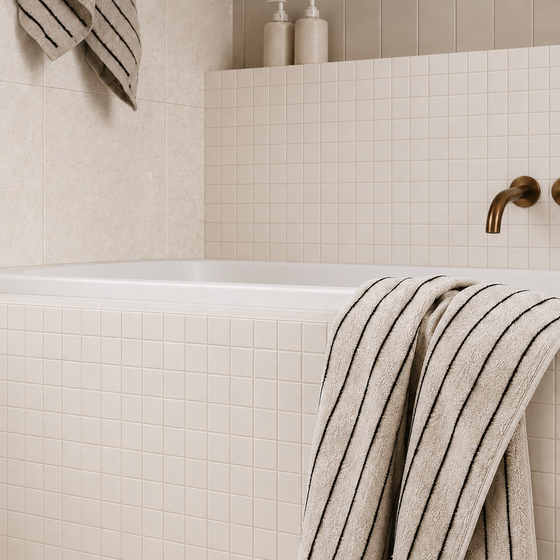 Close-up of a white bathtub surrounded by Omni Ivory square porcelain mosaic tiles, styled with a striped towel and warm brass wall-mounted tapware.