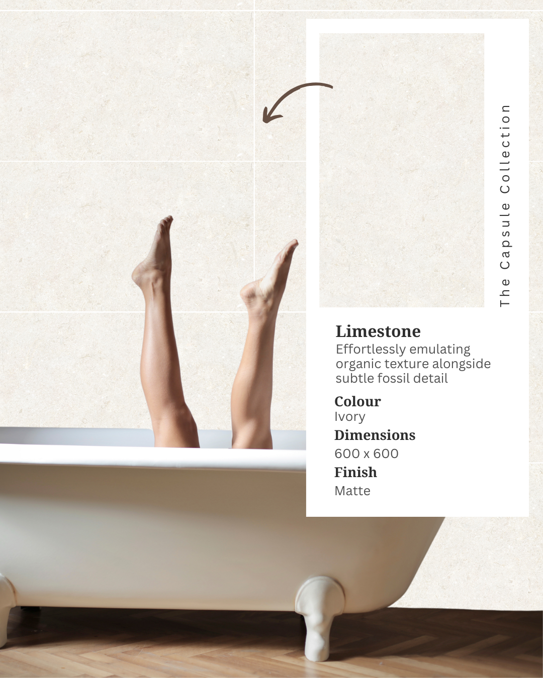 Bathroom featuring Limestone Ivory porcelain wall tiles in warm cream tones, a freestanding white bathtub and an inset tile product information card.