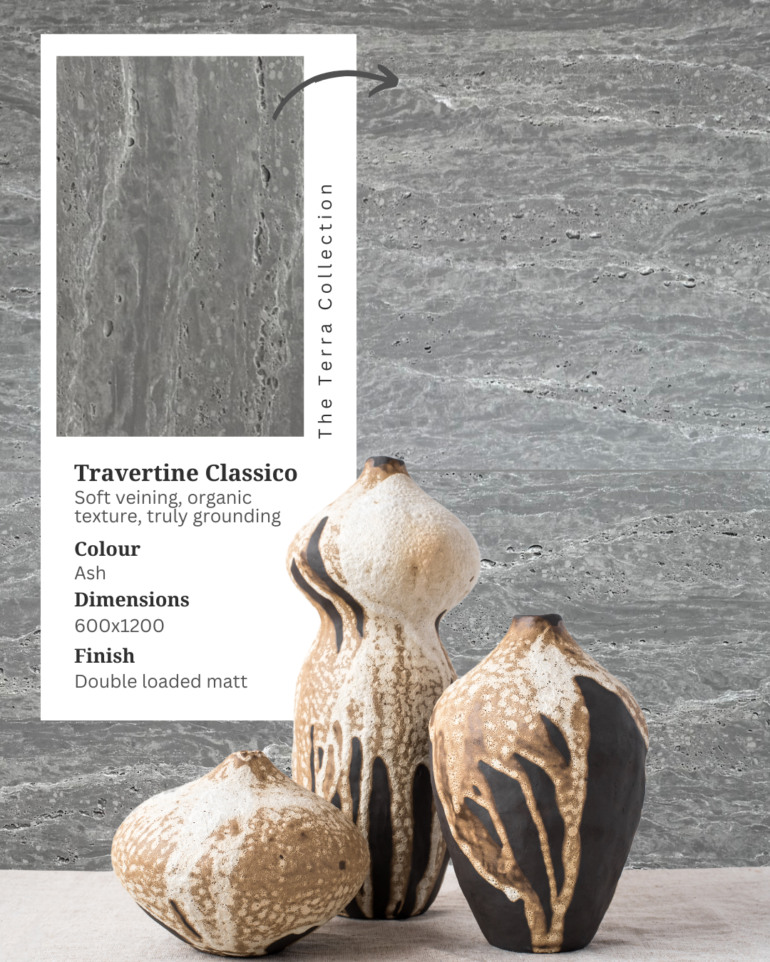 Travertine Classico Ash grey travertine-look porcelain wall tiles styled with three rustic ceramic vases, alongside an inset product information card.