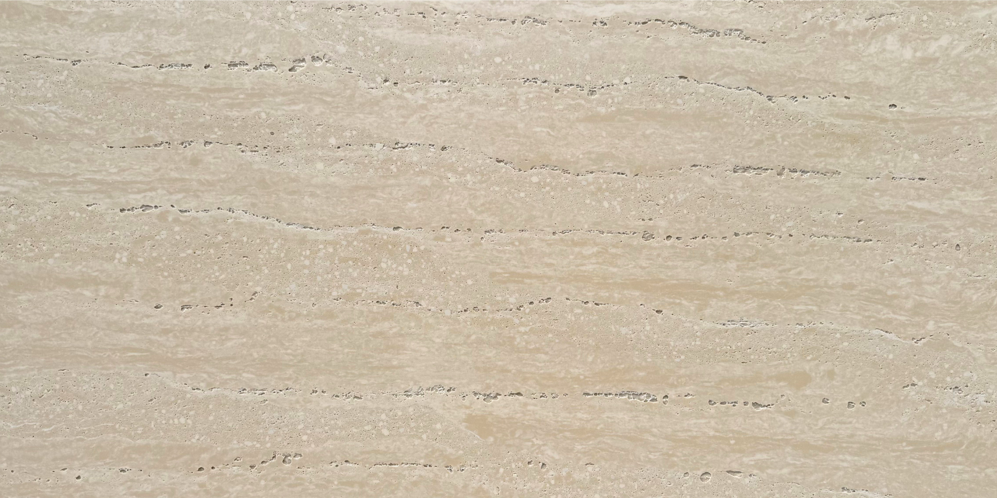 Close-up of Travertine Classico Honey travertine-look porcelain tile showing warm beige tones, horizontal linear veining and distinctive surface pitting.