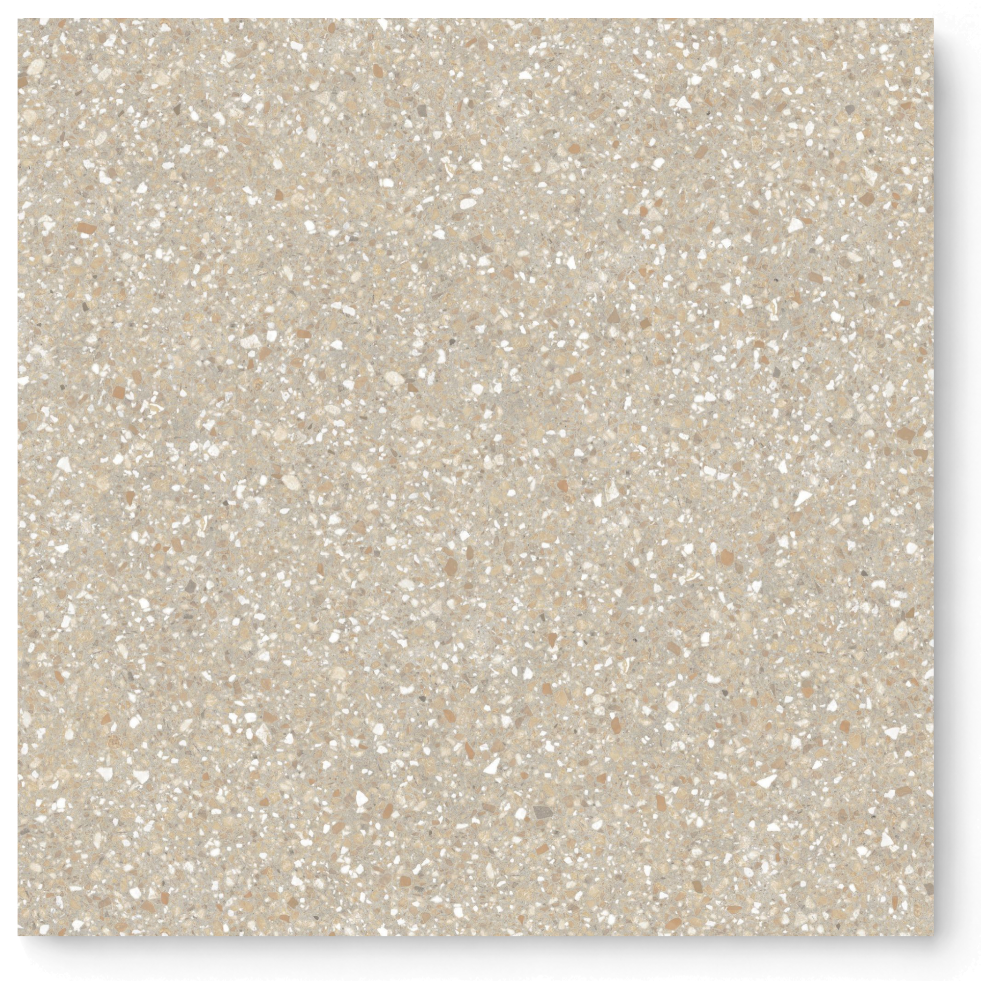 Close-up of Terrazzo Earth porcelain tile showing a warm beige base with densely scattered white, cream, grey and earthy brown terrazzo-look fragments.