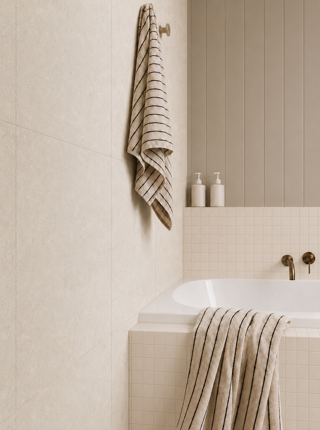Contemporary bathroom featuring Omni Ivory square porcelain mosaics around a white bathtub and on the adjoining wall, complemented by warm neutral tiles, brass tapware and striped towels.