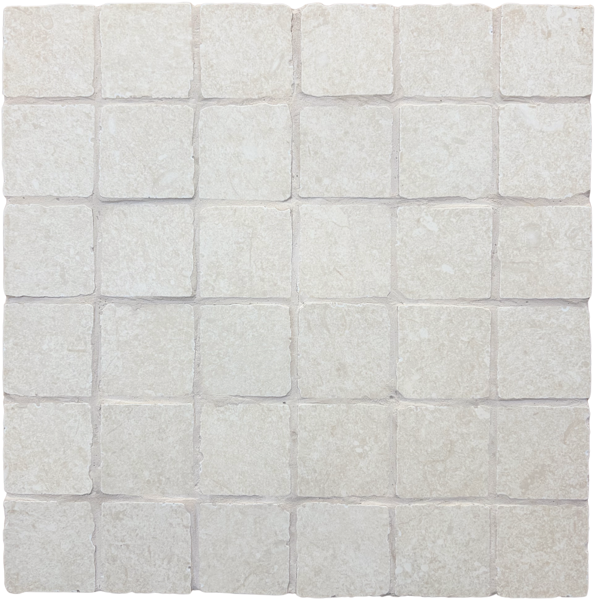Limestone Tumbled Ivory porcelain mosaic sheet showing 45 x 45 mm square tiles in soft ivory and cream tones with irregular tumbled edges and subtle stone-look texture.
