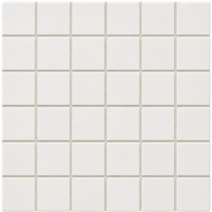 Close-up of Omni Ivory porcelain mosaic tiles featuring softly rounded square pieces, a subtle satin surface and warm ivory tones with even grout lines.