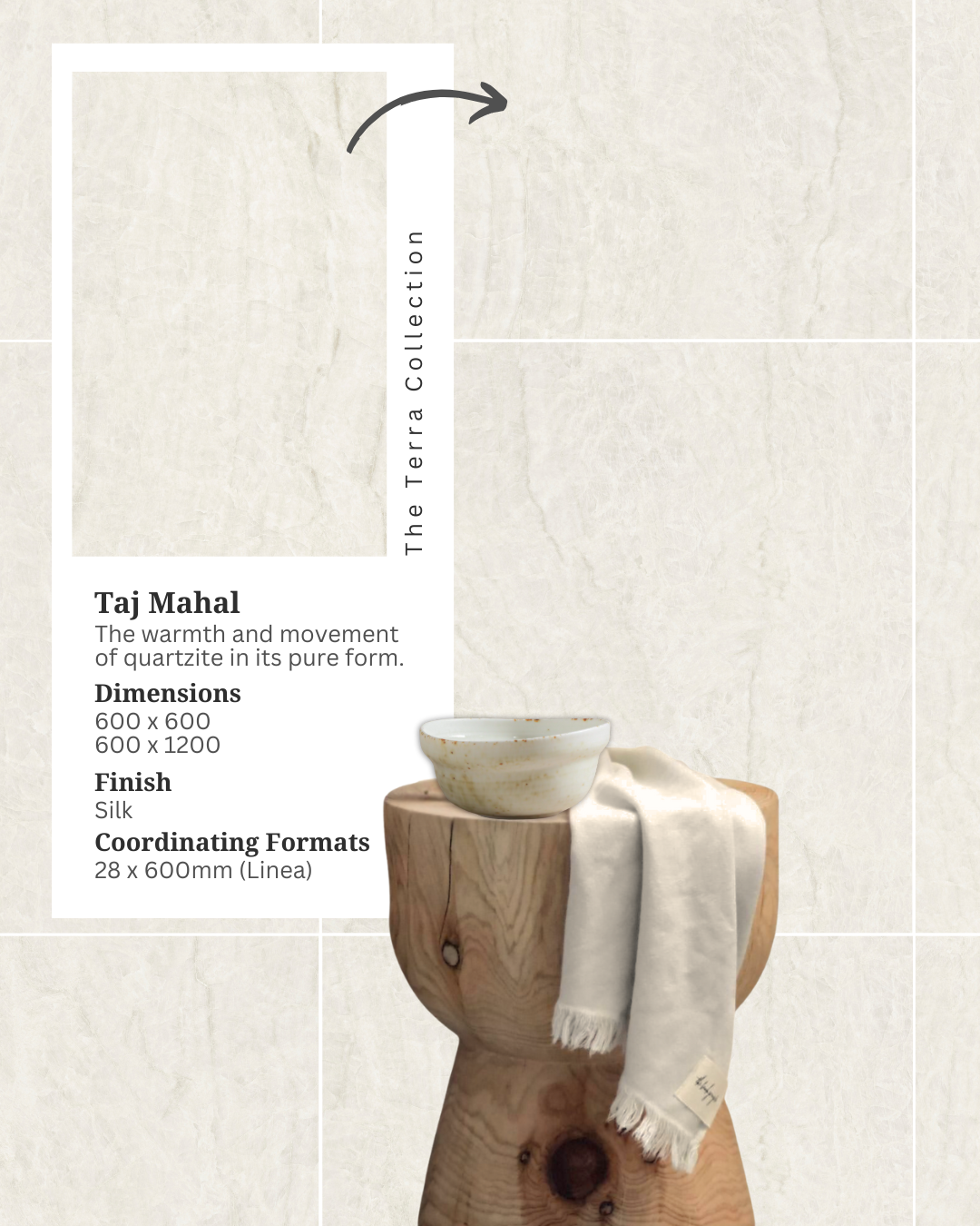 Taj Mahal porcelain tile product graphic showing its soft quartzite-inspired veining, 600 × 600 and 600 × 1200 formats, Silk finish and coordinating Taj Mahal Linea mosaic.