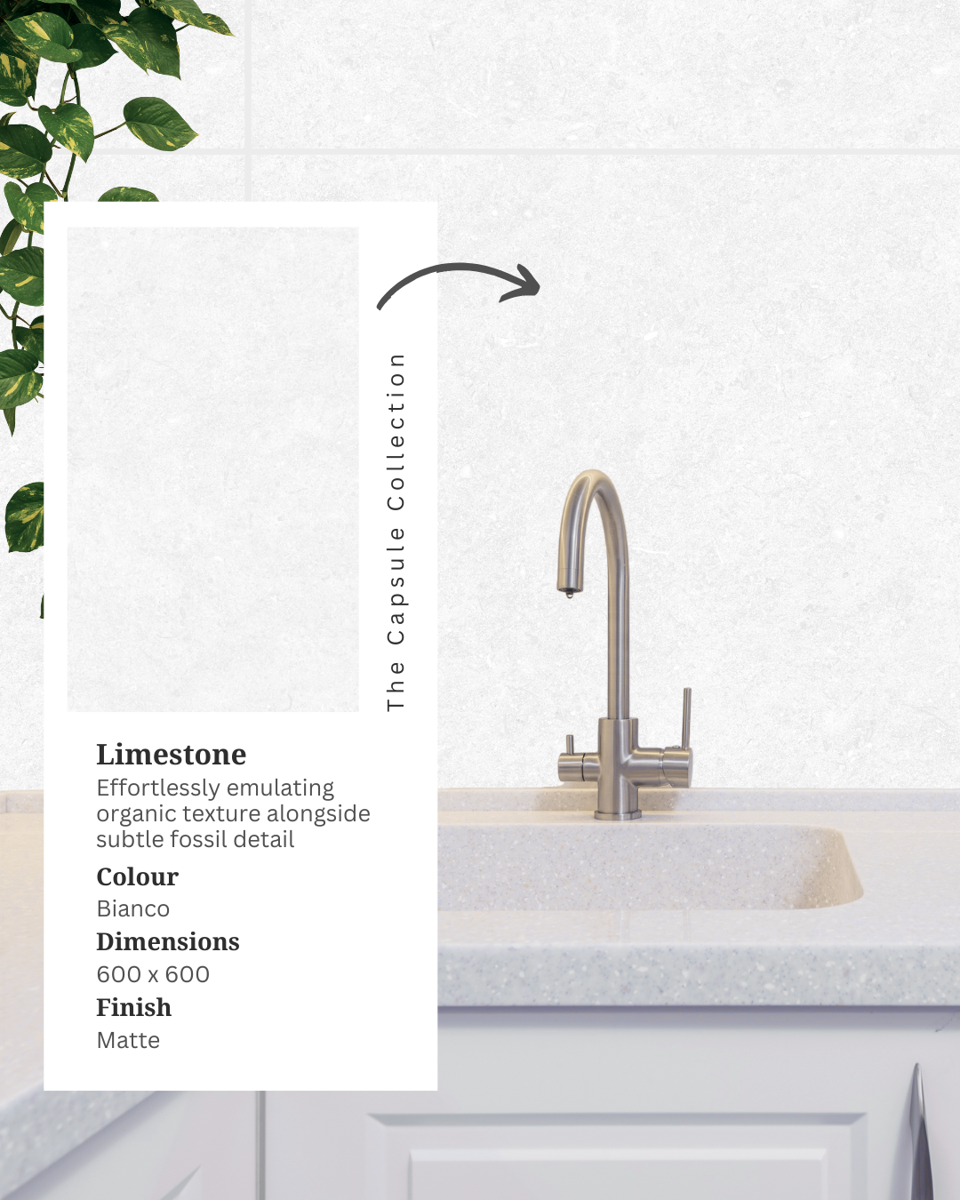 Limestone Bianco porcelain tiles displayed on a light kitchen splashback with a stainless steel tap, white sink and an inset product information card.