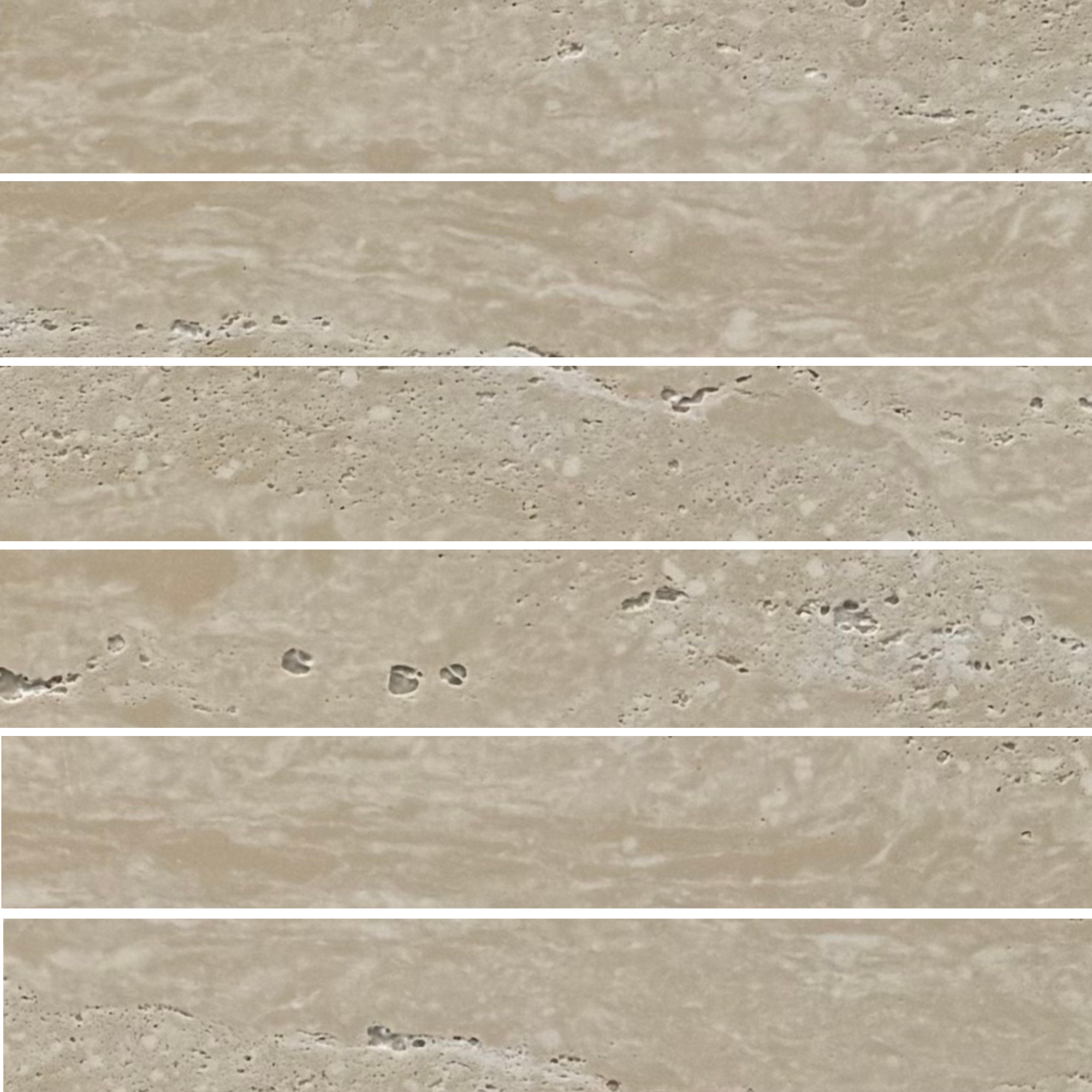 Close-up of Travertine Classico Linea Honey porcelain mosaic tiles arranged horizontally, showing warm beige tones, linear veining, surface pitting and white grout lines.