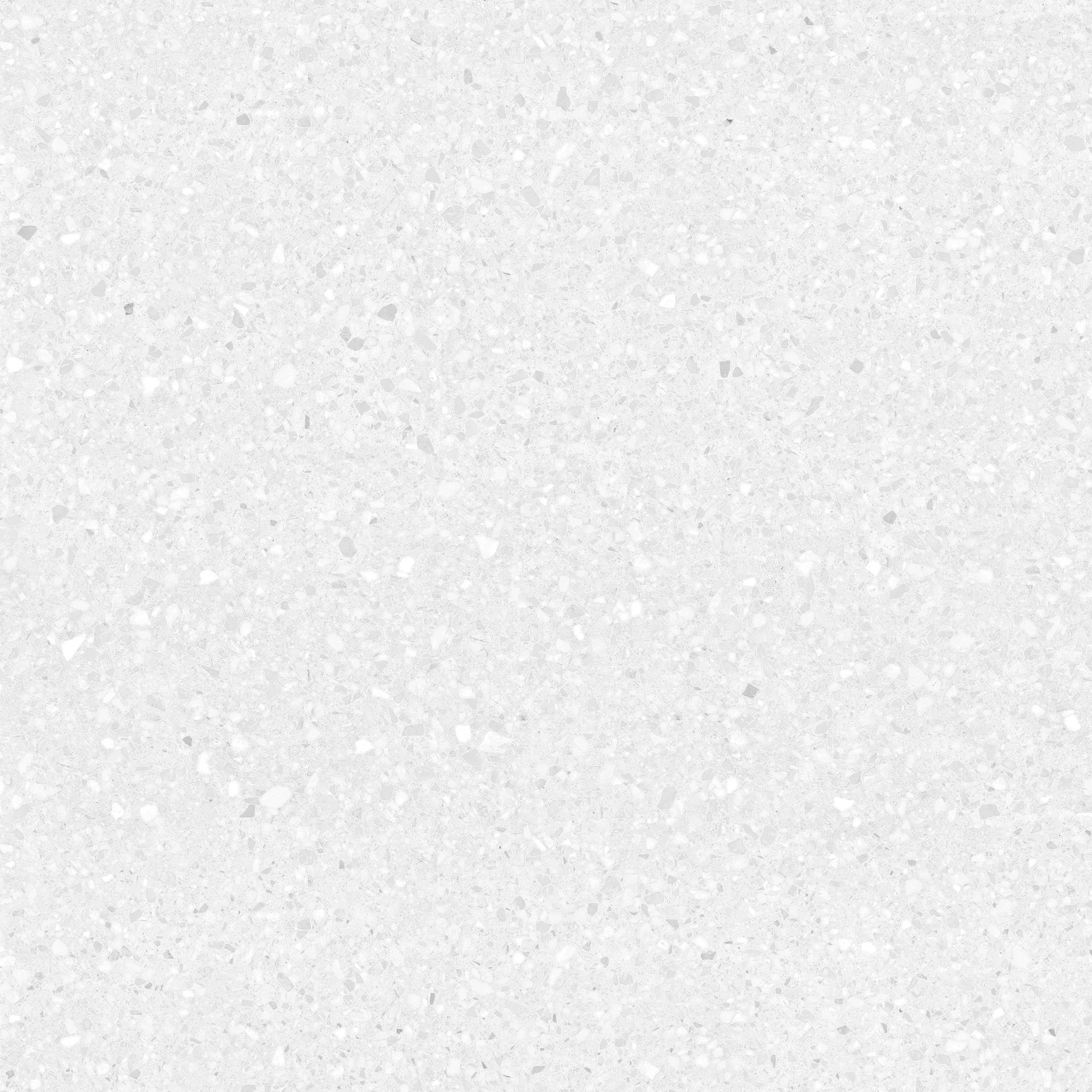 Close-up of Terrazzo Bianco porcelain tile showing a white terrazzo-look surface with scattered pale grey and white stone-like fragments and fine speckling.