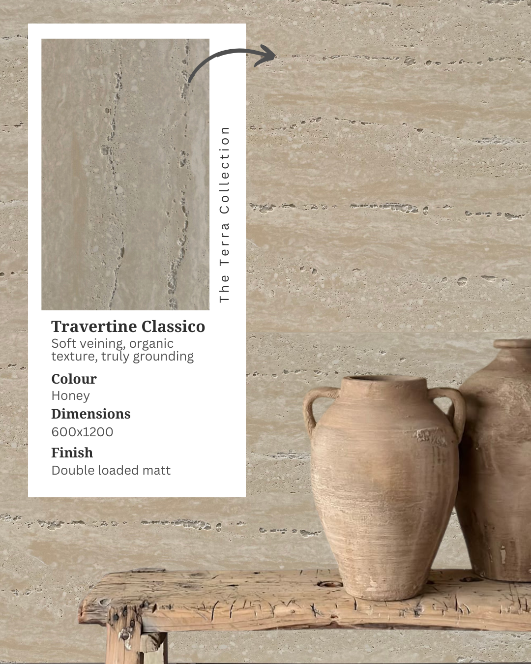 Travertine Classico Honey beige travertine-look porcelain wall tiles styled with rustic ceramic vases on a timber bench and an inset product information card.