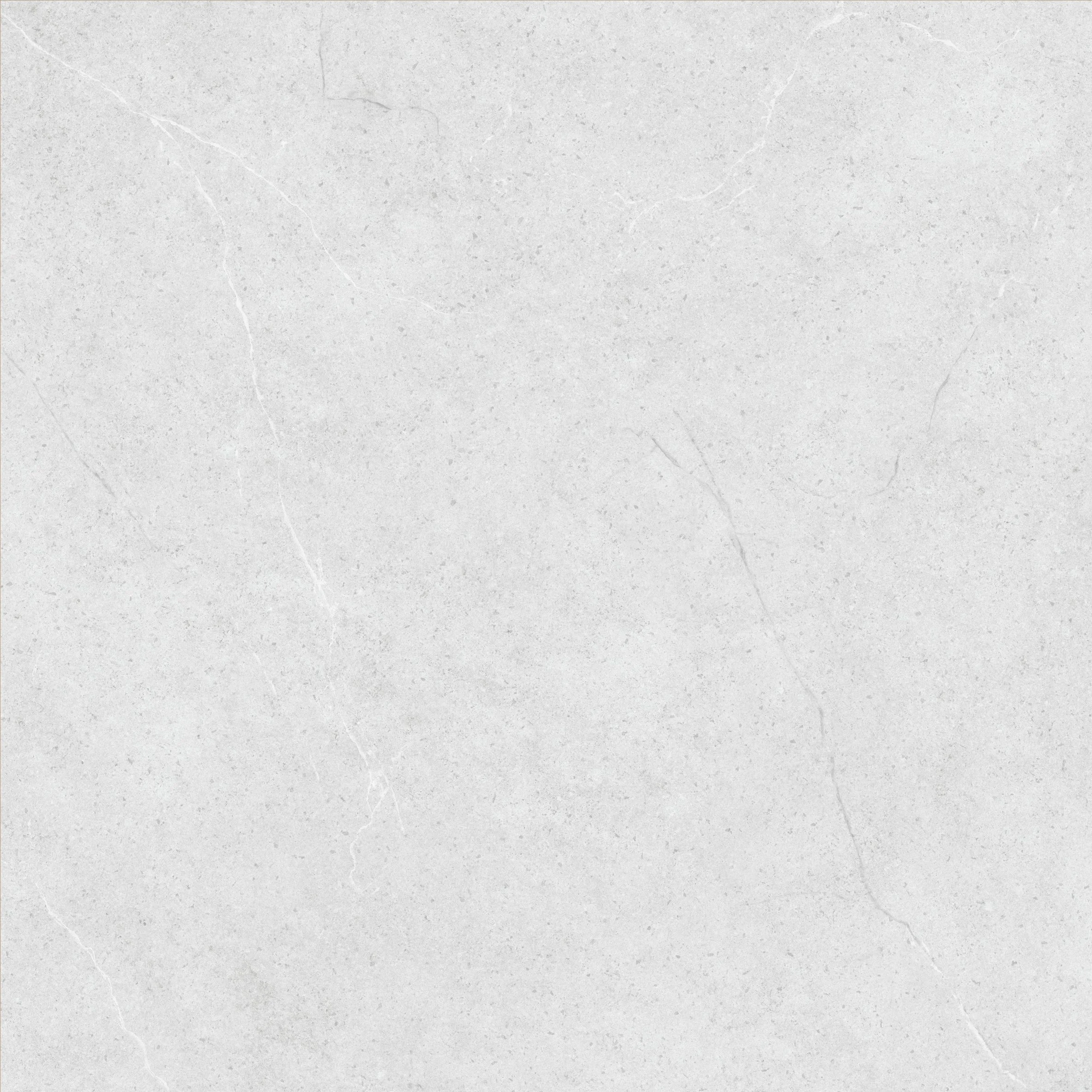 Close-up of Pietra Nostra Bianco stone-look porcelain tile showing a soft white and pale grey surface with delicate linear veining and subtle mineral-like texture.
