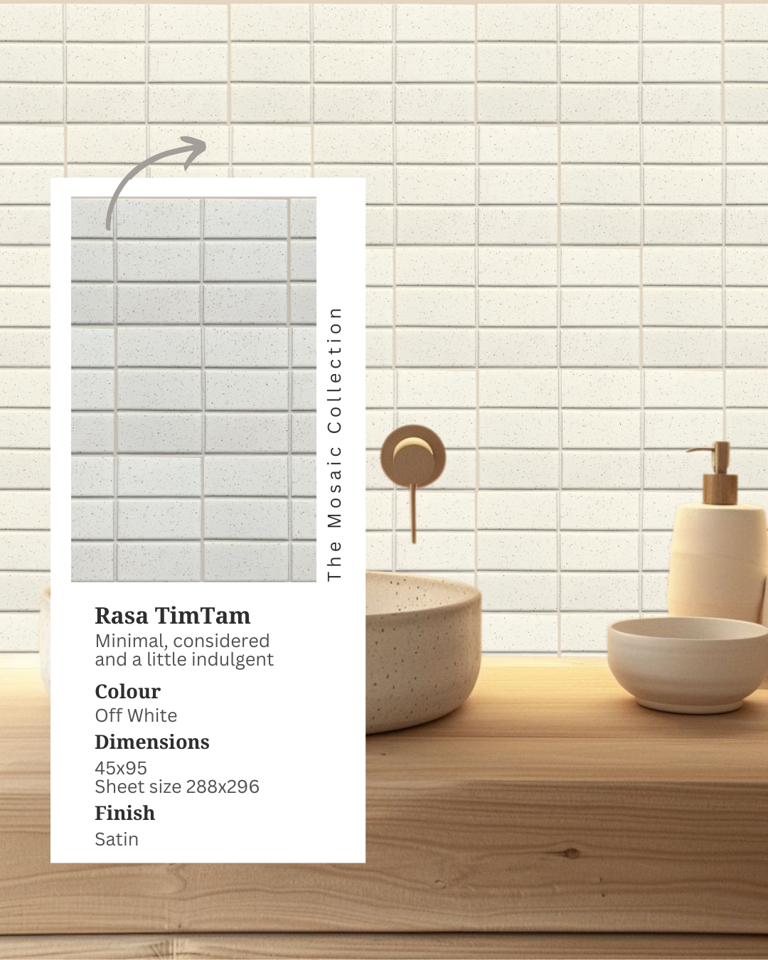 Bathroom vanity featuring Rasa TimTam off-white rectangular porcelain mosaic wall tiles, a timber benchtop, beige basin and brass tapware with an inset product information card.