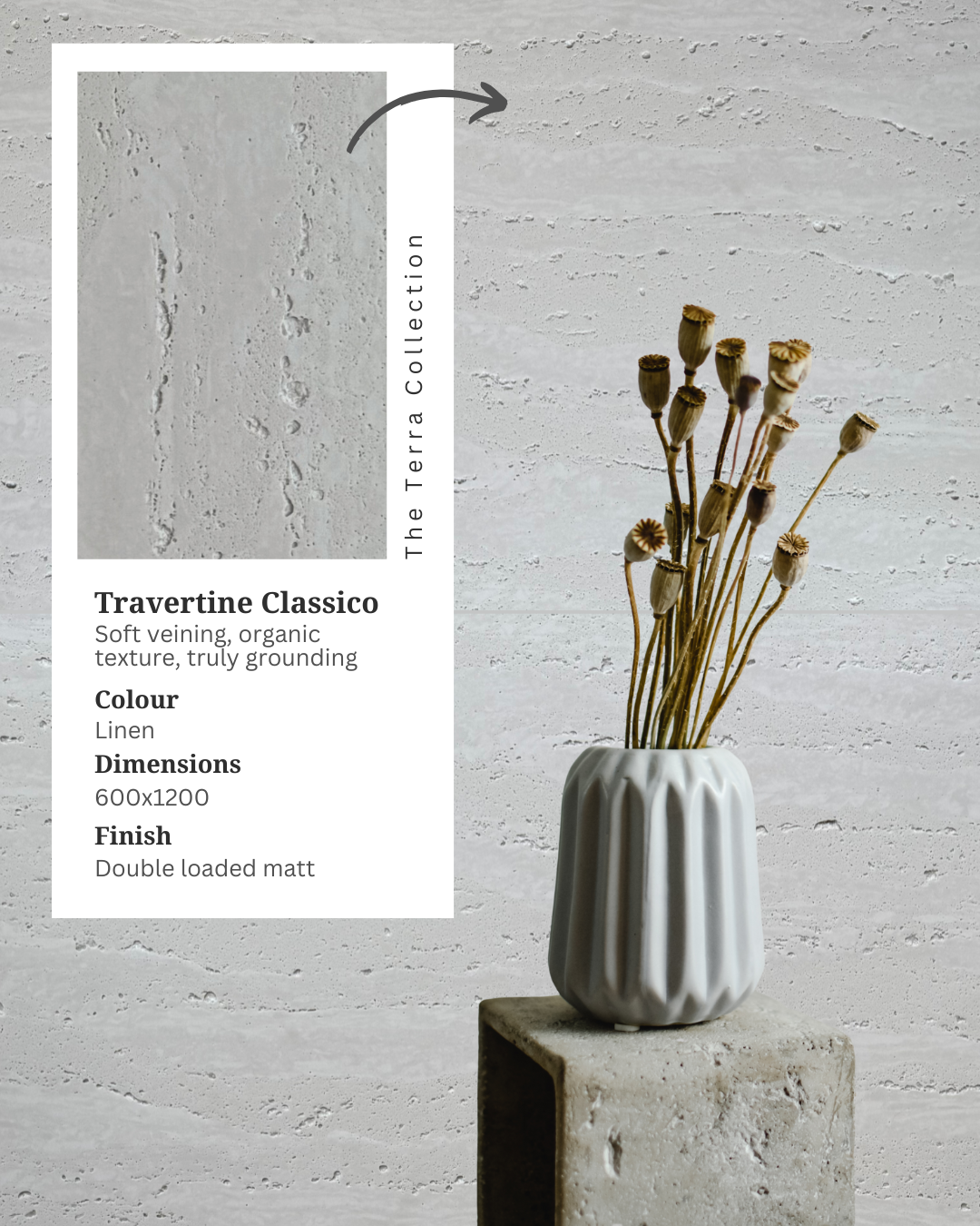 Travertine Classico Linen pale stone-look porcelain wall tiles styled with dried flowers in a ceramic vase on a textured stone pedestal, alongside an inset product card.