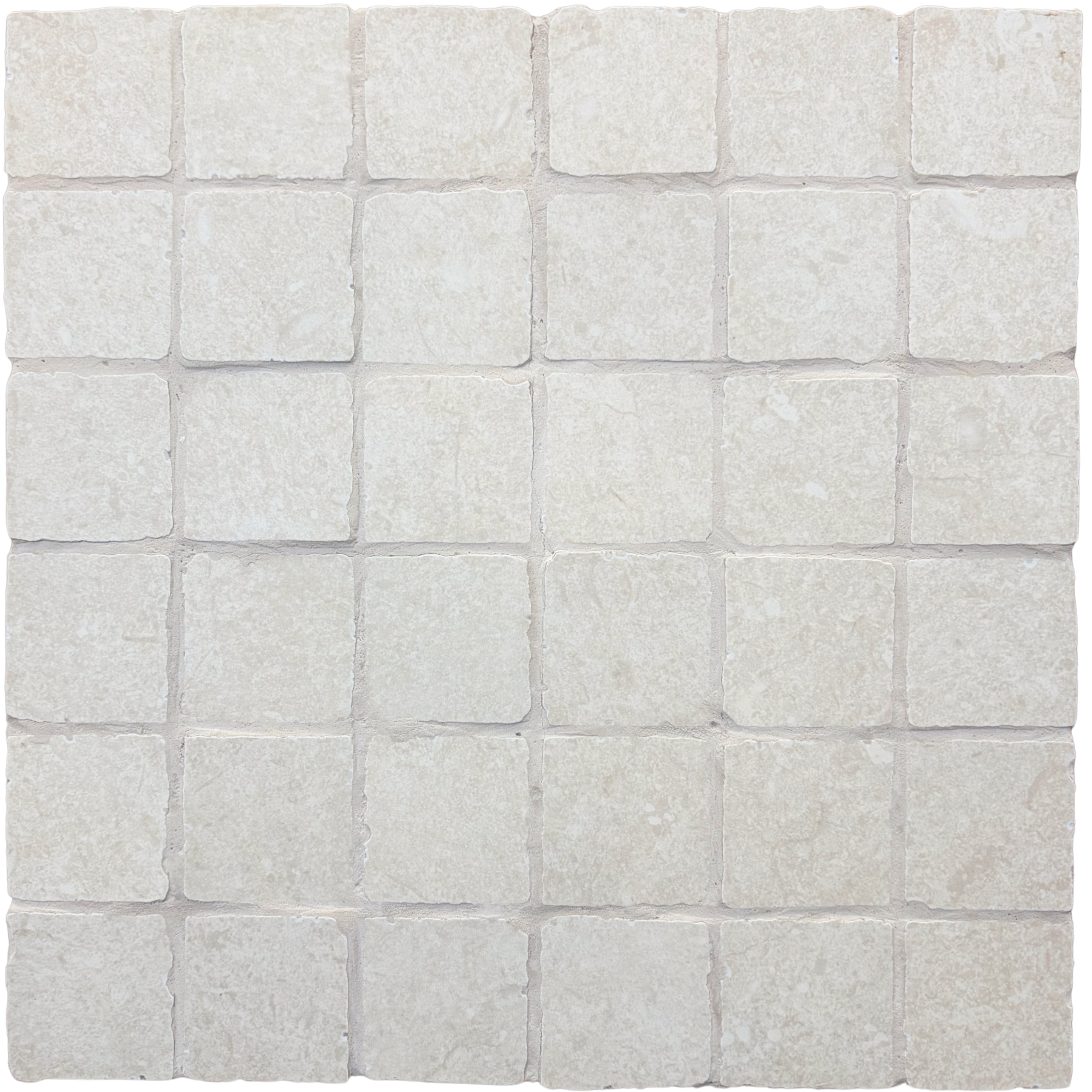 Limestone Tumbled Ivory porcelain mosaic tiles in a soft warm ivory tone, featuring small square pieces, gently irregular edges and natural-looking tonal variation.