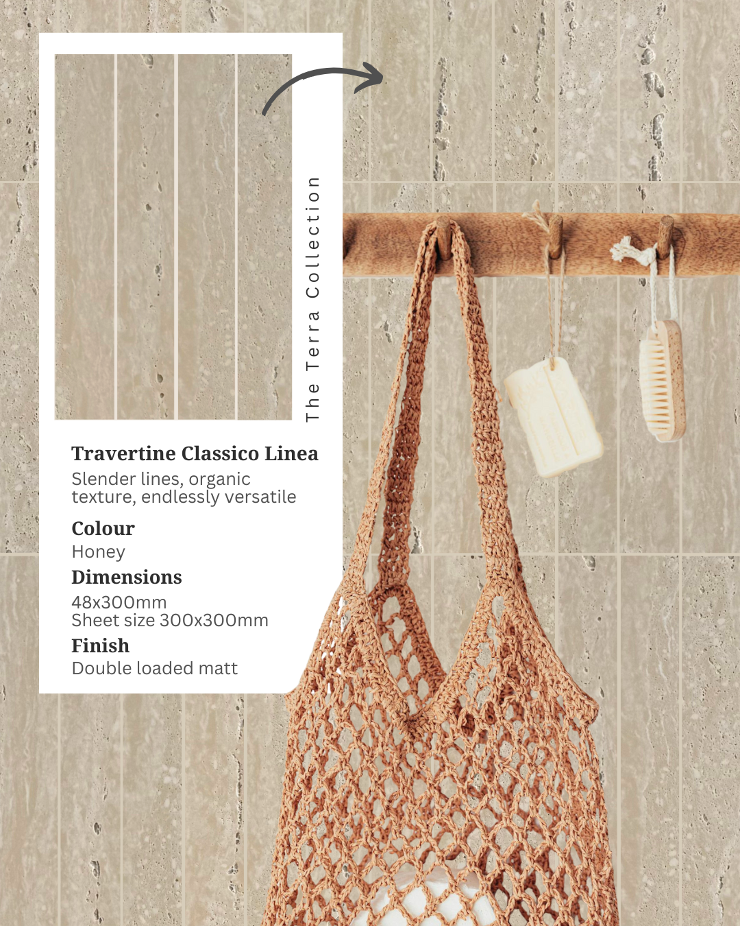 Travertine Classico Linea Honey beige porcelain mosaic wall tiles in a vertical layout, styled with a rust-coloured mesh bag, hanging bath accessories and an inset product information card.