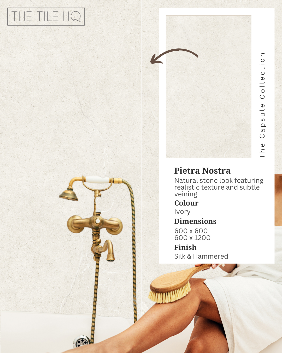 Bathroom featuring Pietra Nostra Ivory stone-look porcelain wall tiles, vintage brass bath tapware and a person using a wooden body brush beside an inset product information card.