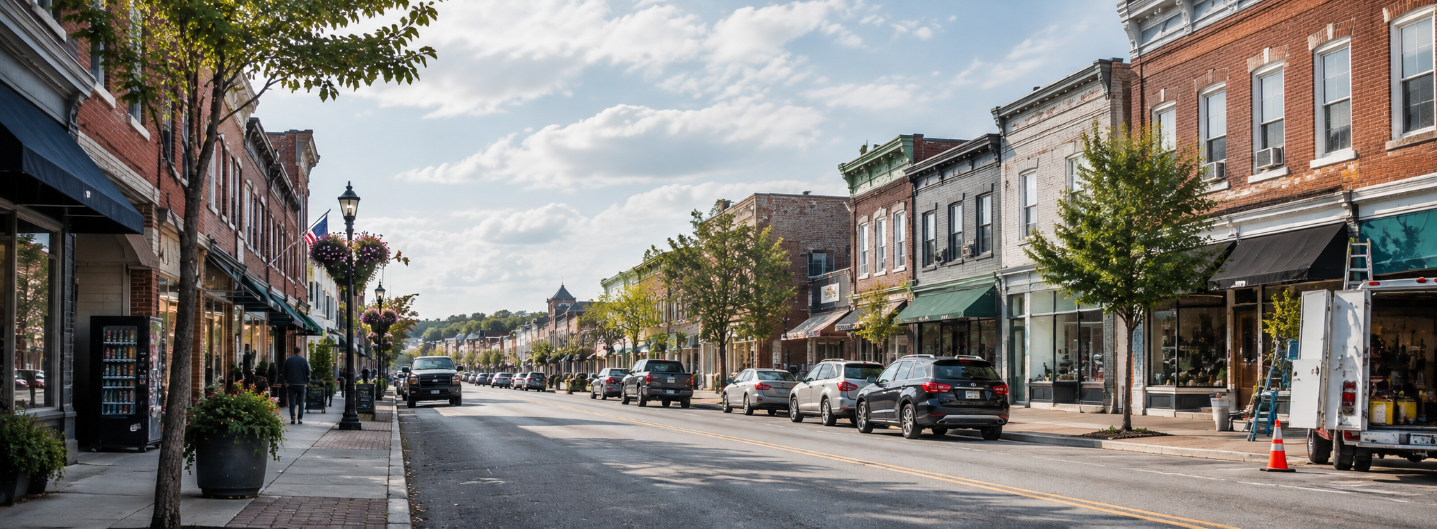 A downtown Main Street lined with brick buildings, storefronts, trees, parked cars, and a partly cloudy sky.