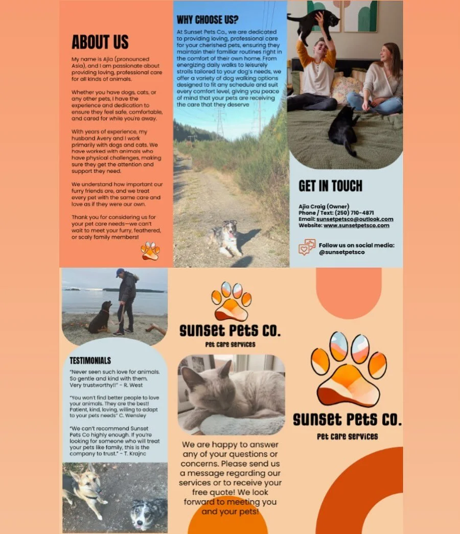 Fresh brochure that you might see in your neighbourhood soon 👀✨😌 

Hit us up if you&rsquo;d like to inquire on any of our services!

#nanaimo #petcare #furryfriends #nanaimopetcare #petsitting #inhomepetcare #pawsandcuddles #petservices #happypets 