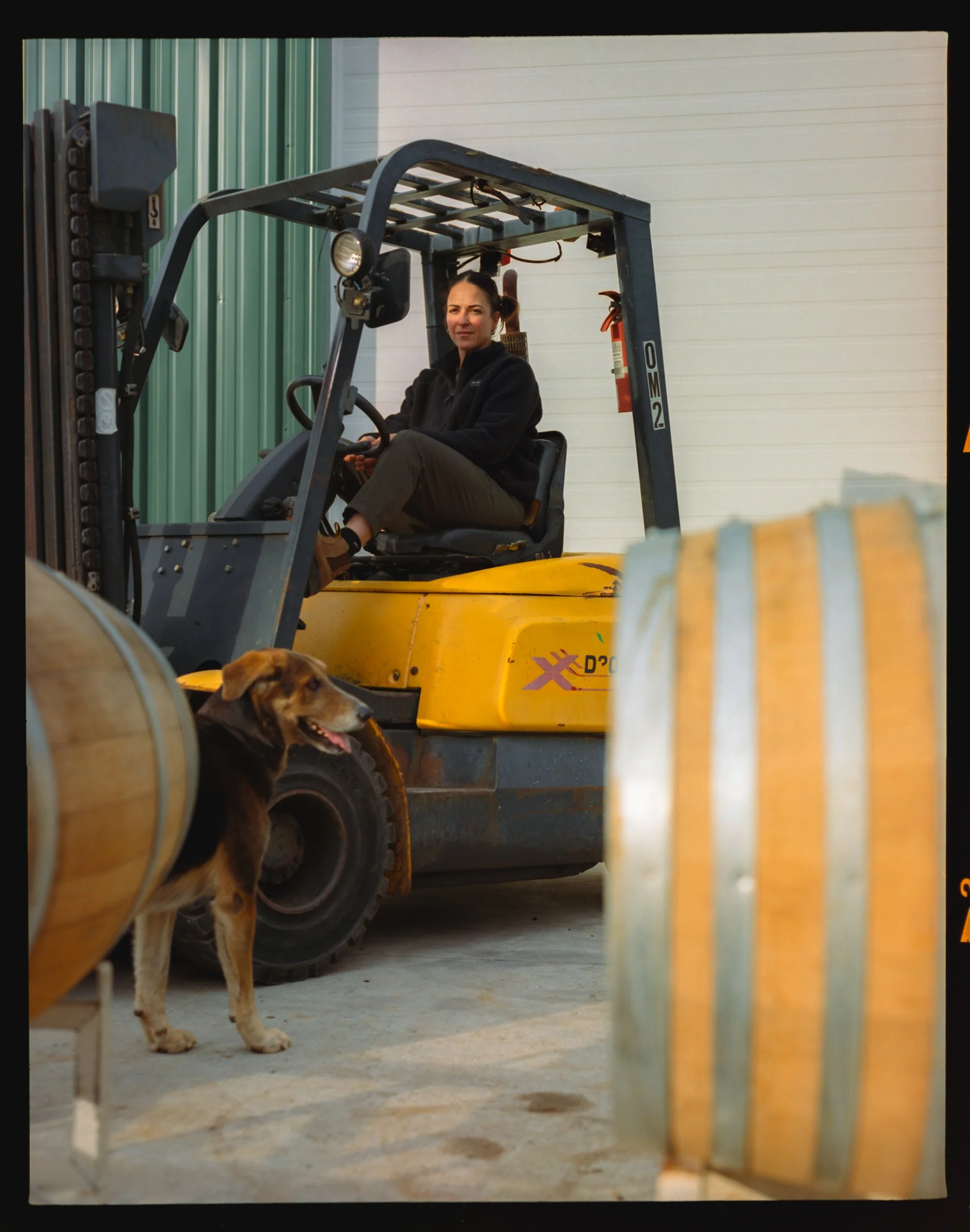 A woman sitting on a yellow forklift in a warehouse with a dog standing nearby. The woman is smiling and looking at the camera.
