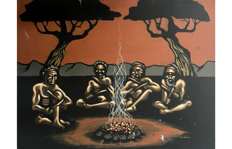 Painting of four Aboriginal elders around campfire for yaliwunga yarns and culturally safe mentoring
