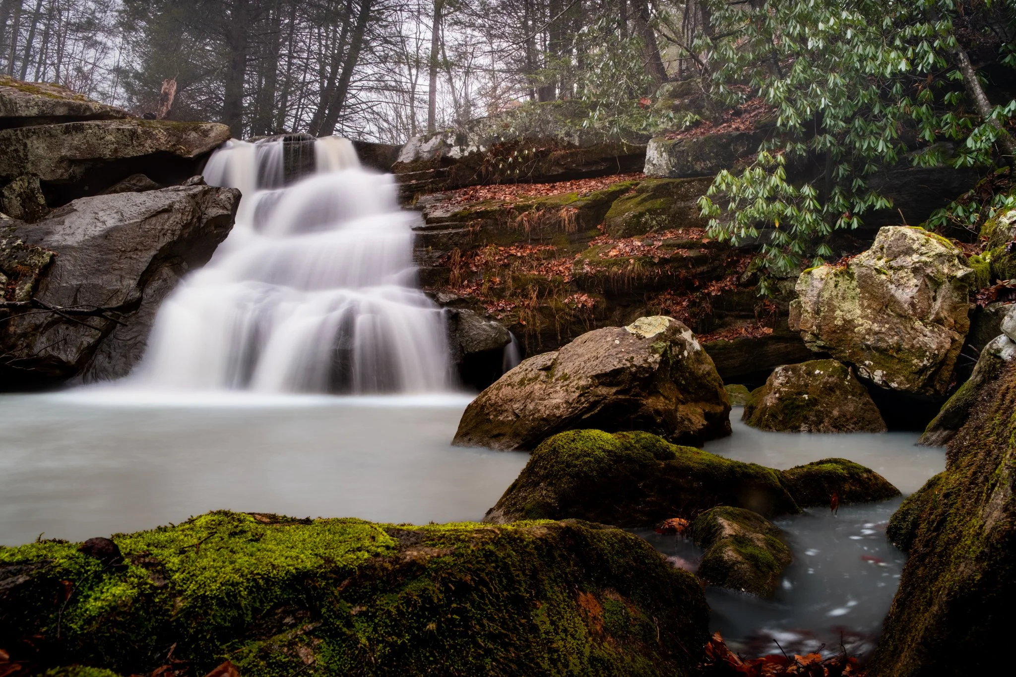 A small waterfall cascading over rocks in a forested area with moss-covered stones and green foliage.