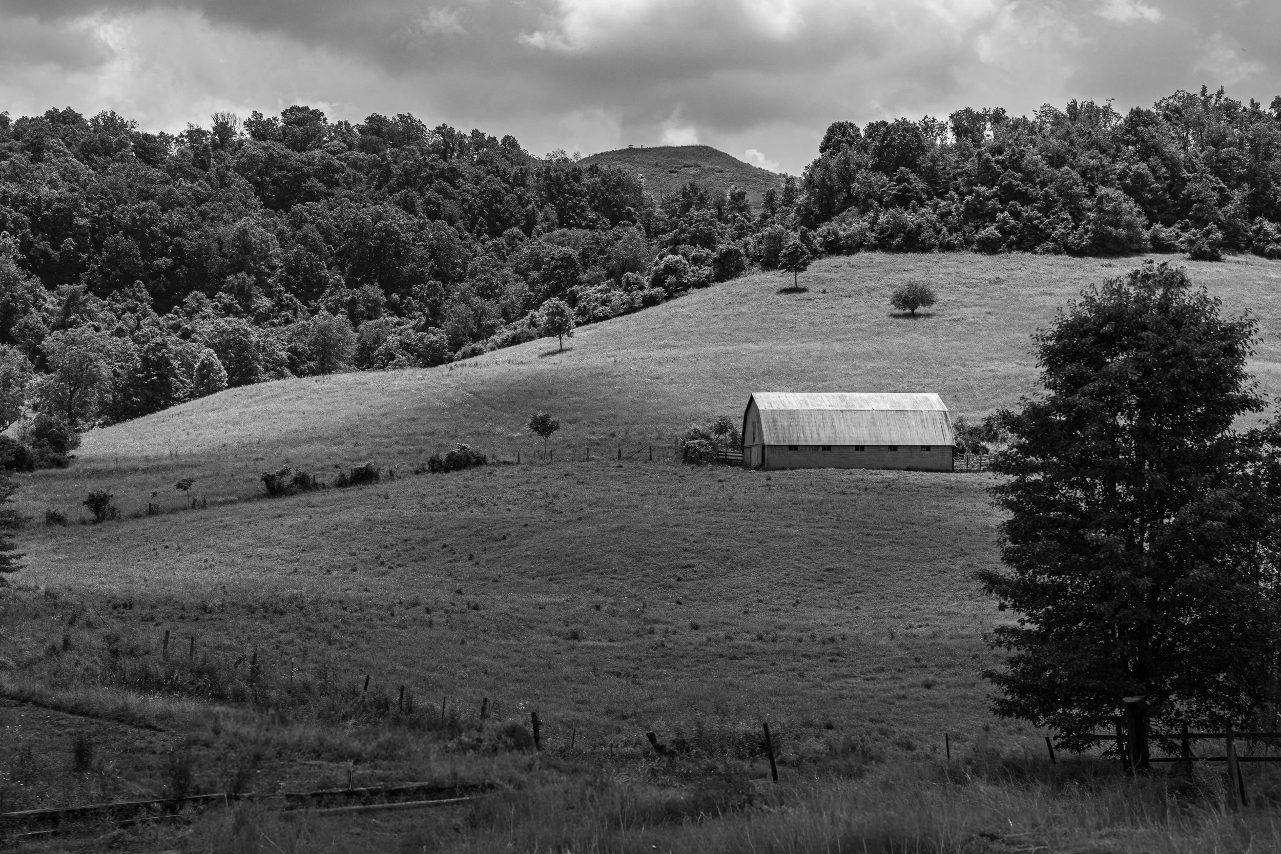 A black and white landscape scene of rolling hills with a barn and scattered trees, surrounded by fencing.