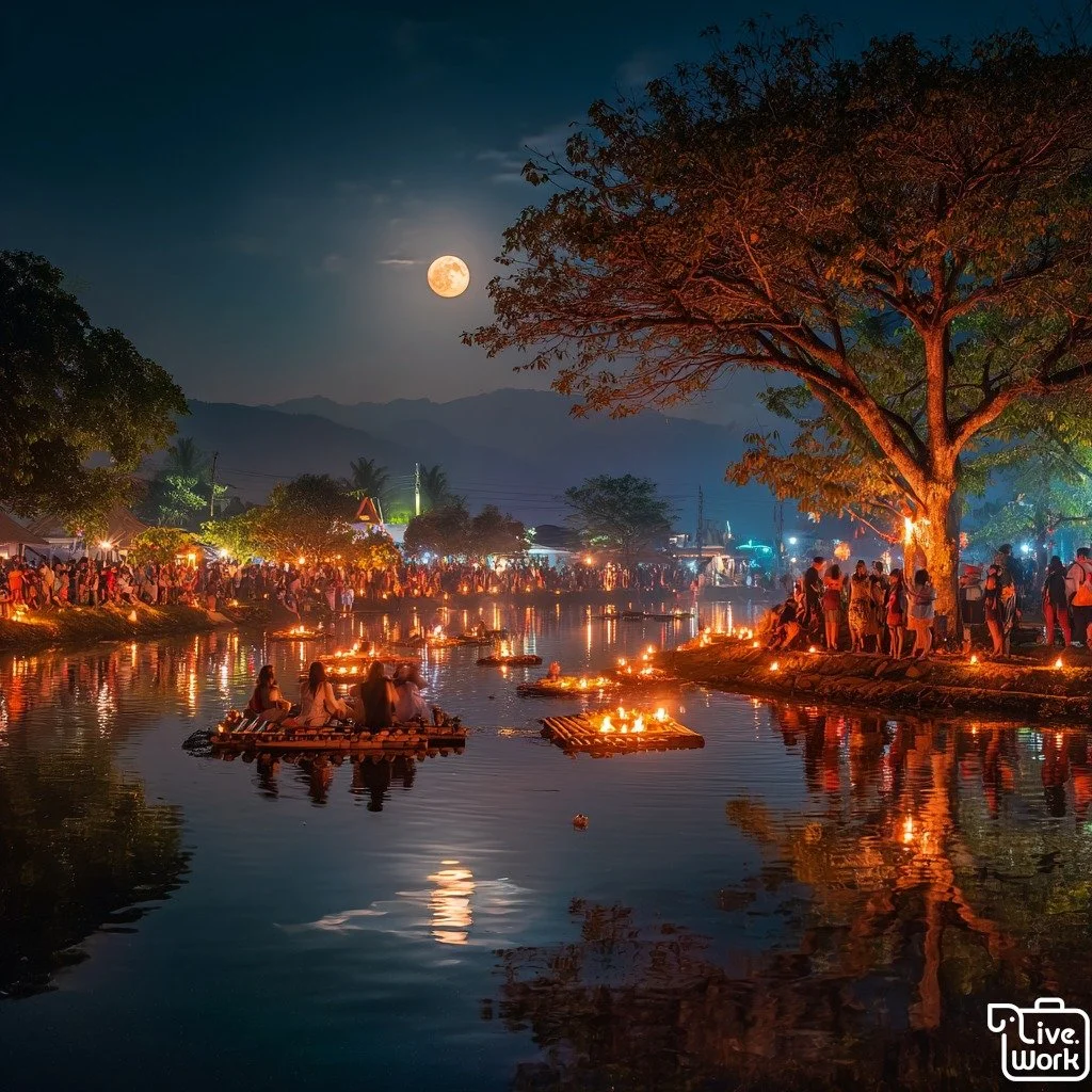 The full moon in Thai culture symbolizes spiritual enlightenment and communal harmony. During this time, people come together for the Loy Krathong festival, releasing beautiful rafts into the water as a symbol of casting away misfortunes. It's a nigh