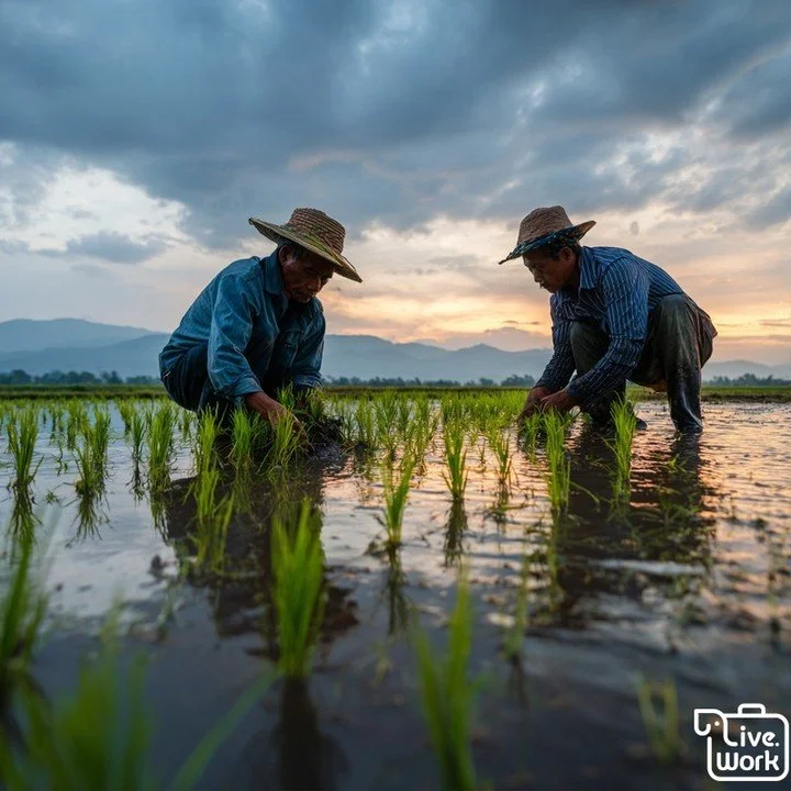 Morning in Isan starts in the rice fields&mdash;cool air, soft light, and the quiet focus of work. As the season shifts, the same paddies transform from mirrored water to intense green, then to warm gold at harvest. These daily rhythms&mdash;planting